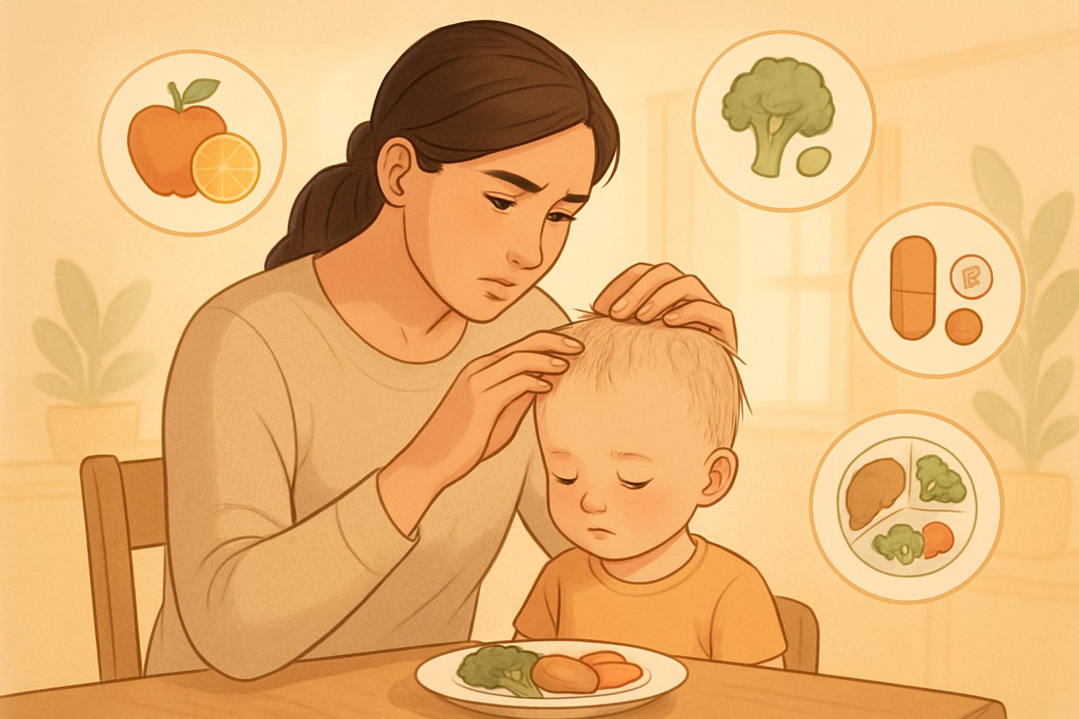 Bir ebeveyn, kısa ve seyrek saçlı çocuğuna dikkatle bakıyor, yanında besinlerle ilgili semboller var.