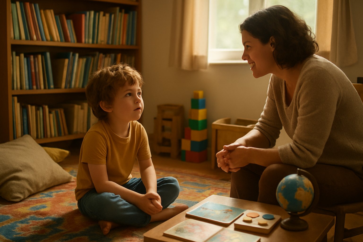 Beş yaşında bir çocuk ve yetişkin, renkli bir halının üzerinde oturmuş, kitaplar ve oyuncaklarla dolu bir odada felsefi bir sohbet yapıyor.