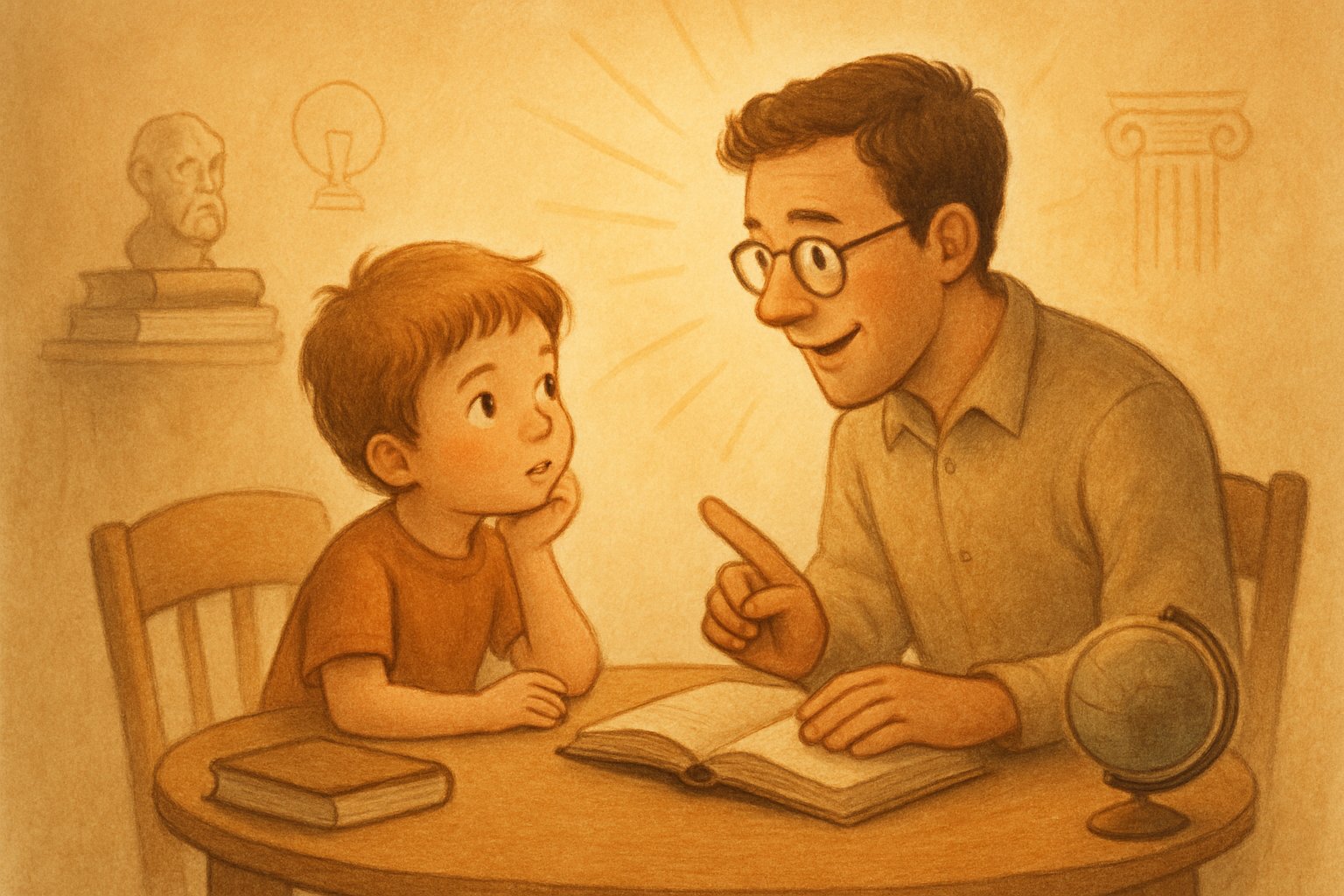 Beş yaşında bir çocuk ve yetişkin, küçük bir masada oturmuş, düşünceli bir şekilde sohbet ediyorlar.