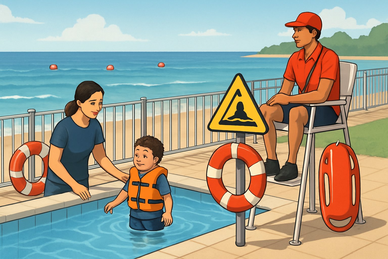 Bir yüzme havuzunda cankurtaranın dikkatle gözetim yaptığı, çocukların can yeleğiyle ve yetişkinlerin yanında olduğu, havuz ve deniz güvenliği önlemlerinin gösterildiği bir sahne.