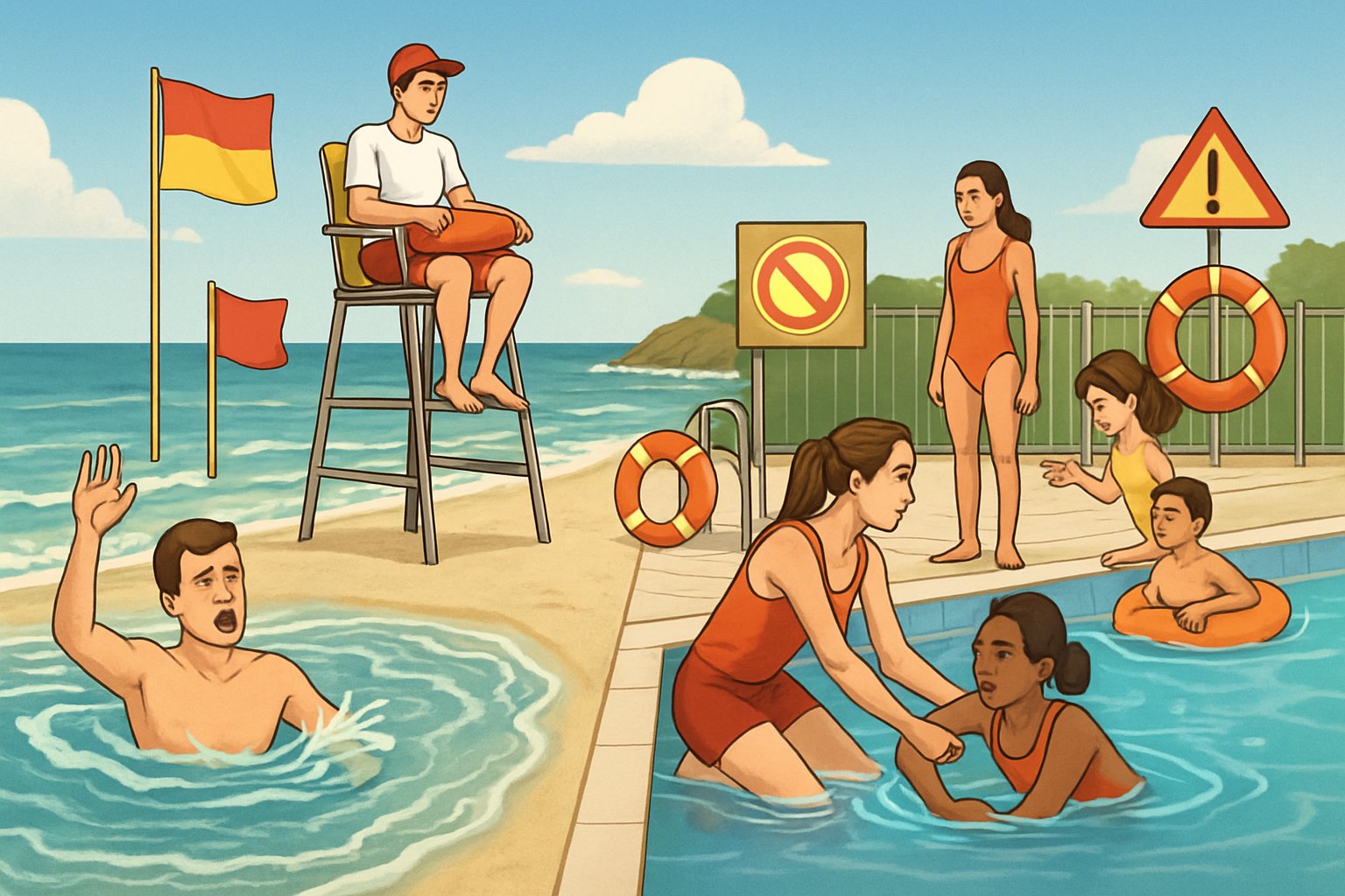 Deniz ve havuzda boğulma risklerinin ana nedenlerini gösteren, cankurtaranın gözetiminde yüzme alanları ve güvenlik ekipmanlarının bulunduğu bir sahil ve havuz sahnesi.