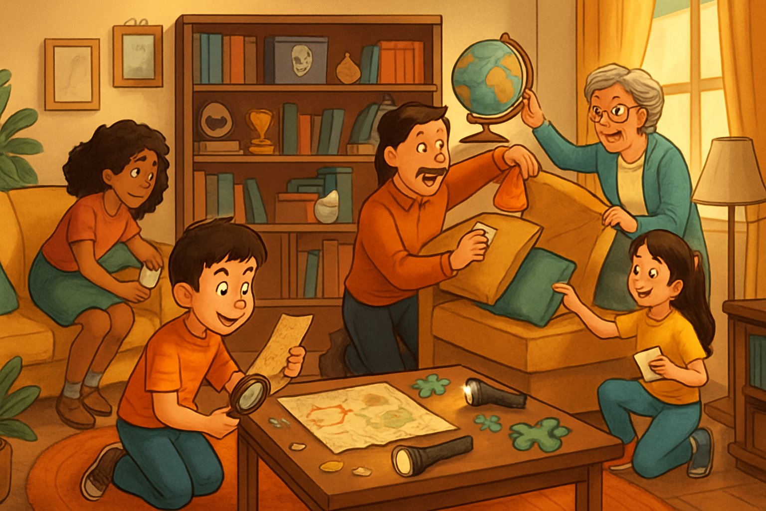 Ev içinde ipuçları arayan bir aile, odada mobilyalar ve ev eşyaları arasında hazine avı yapıyor.