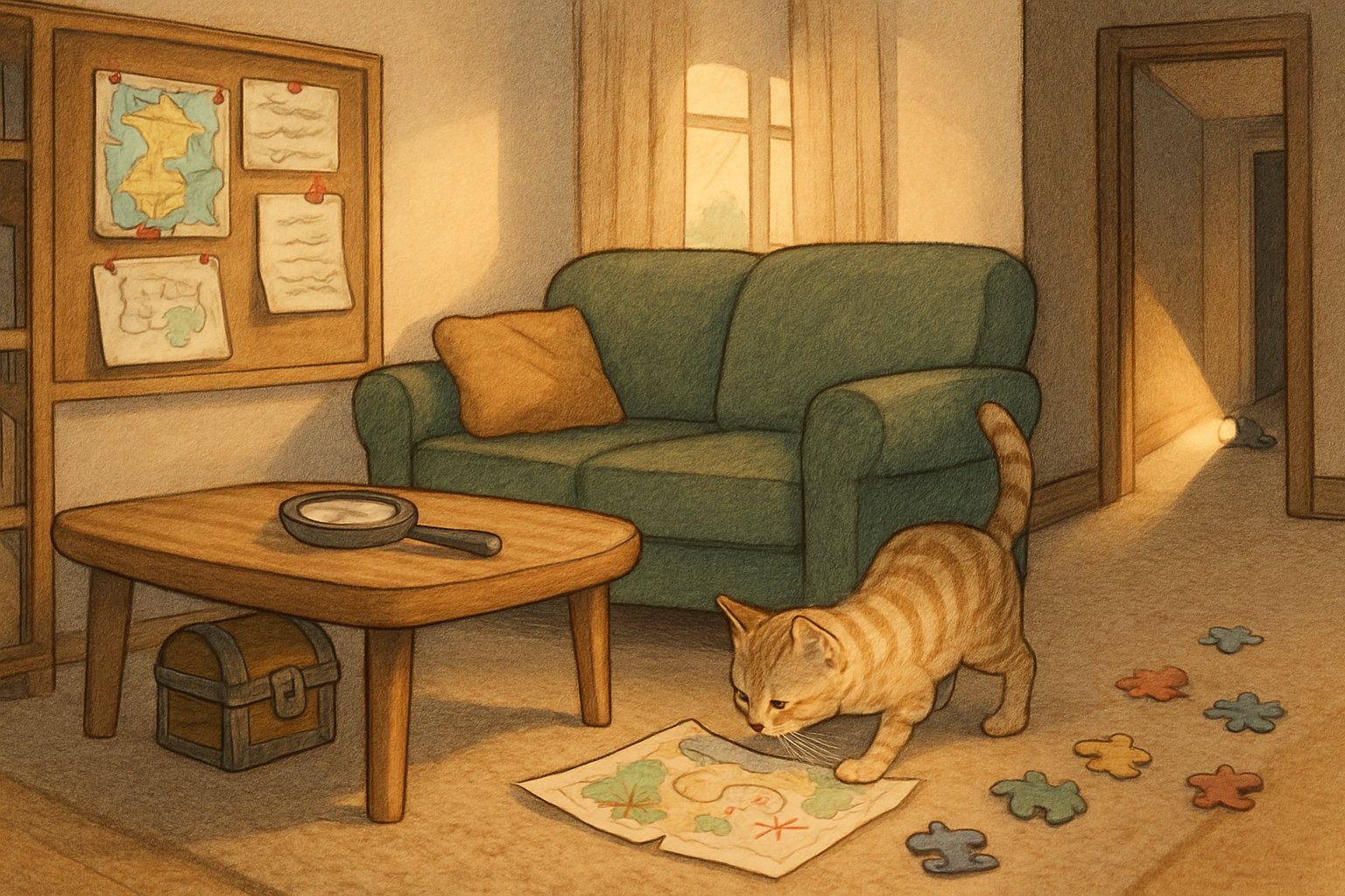 Ev içinde hazine avı için ipuçları ve malzemelerin bulunduğu, sıcak ve davetkar bir oturma odası sahnesi.