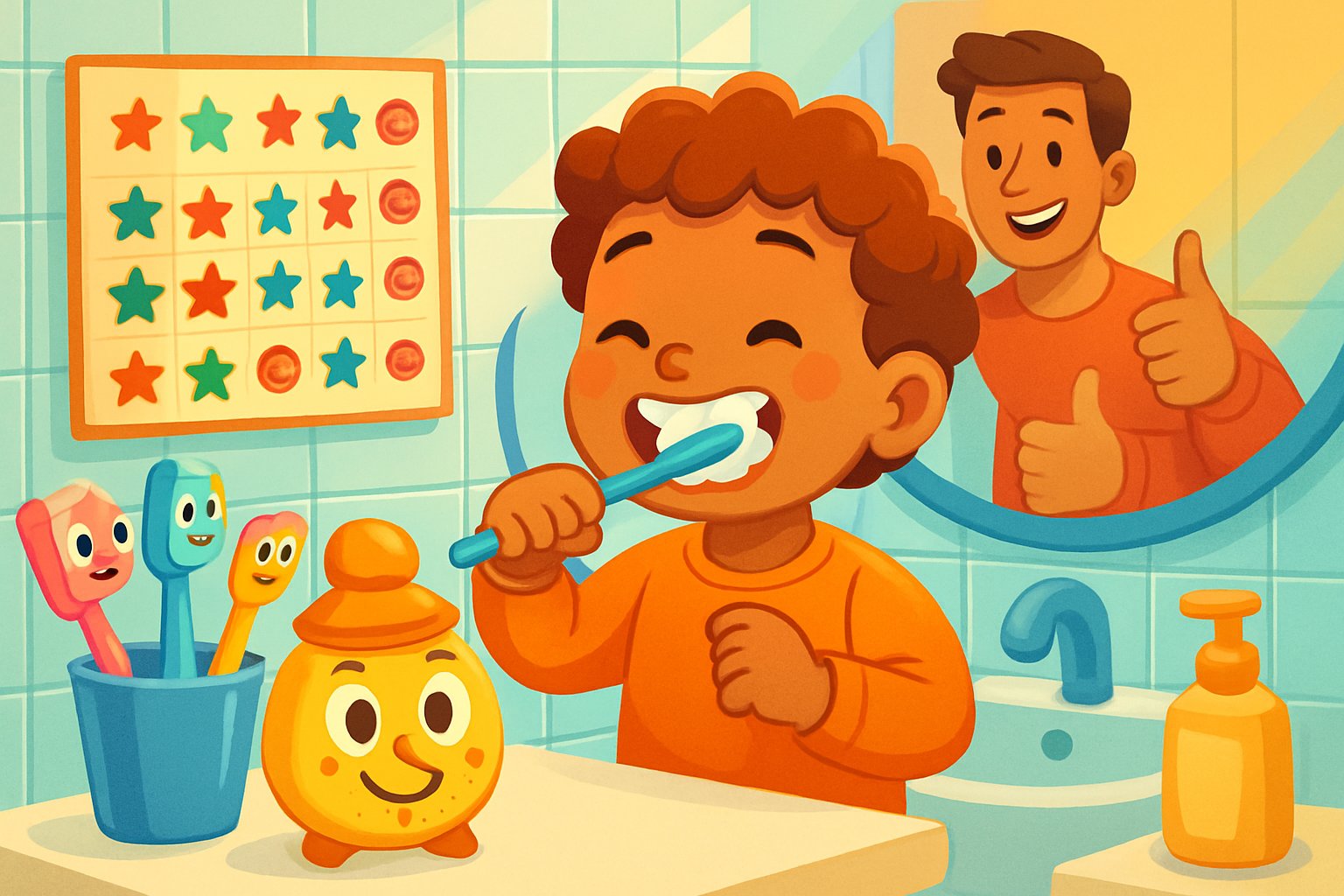 Bir çocuk neşeyle dişlerini fırçalarken, renkli diş fırçaları ve ödül çizelgesiyle dolu bir banyoda ebeveyn desteğiyle diş fırçalama alışkanlığı oyun haline getiriliyor.