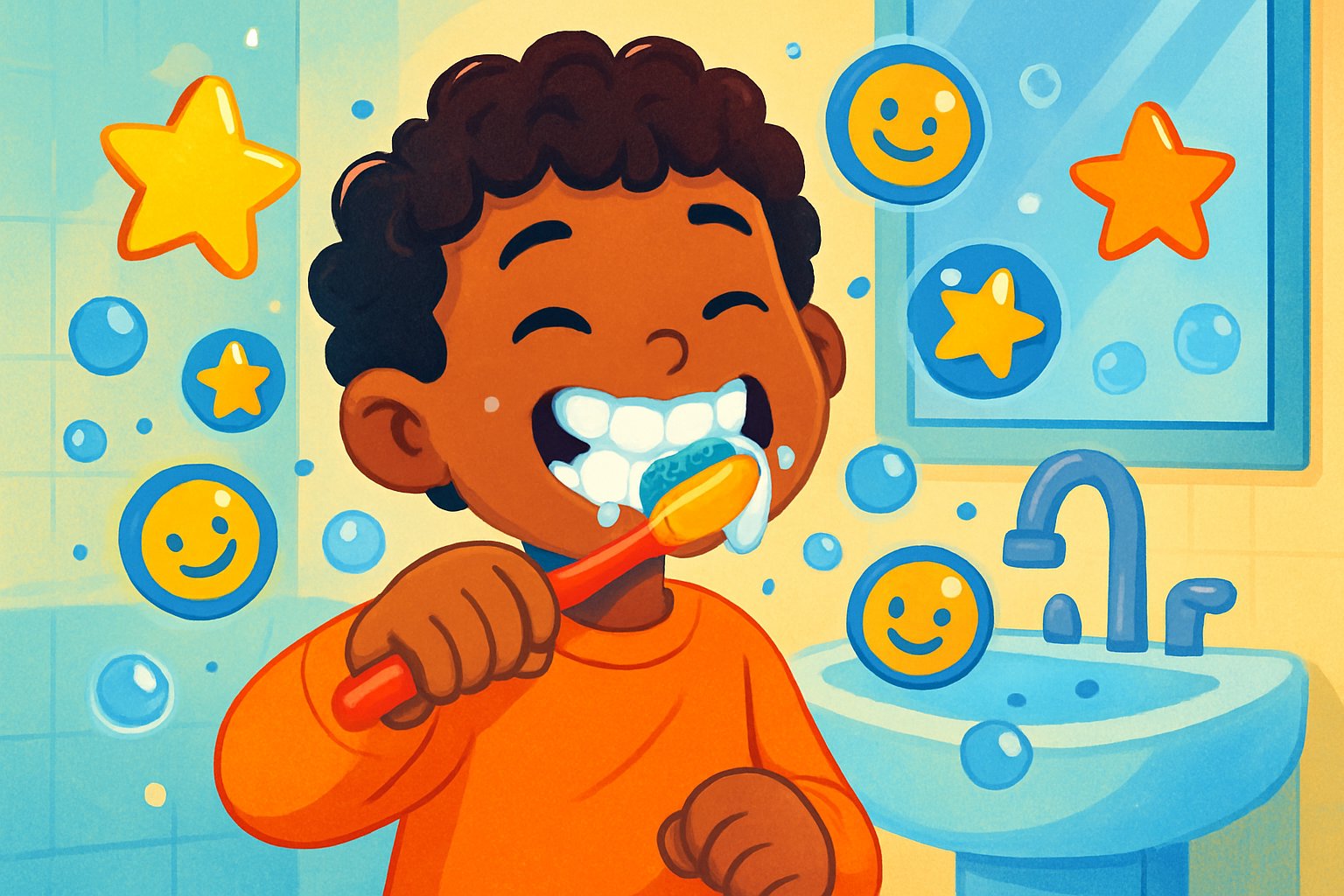 Bir çocuk diş fırçalarken, çevresinde oyun simgeleri ve neşeli baloncuklar var.