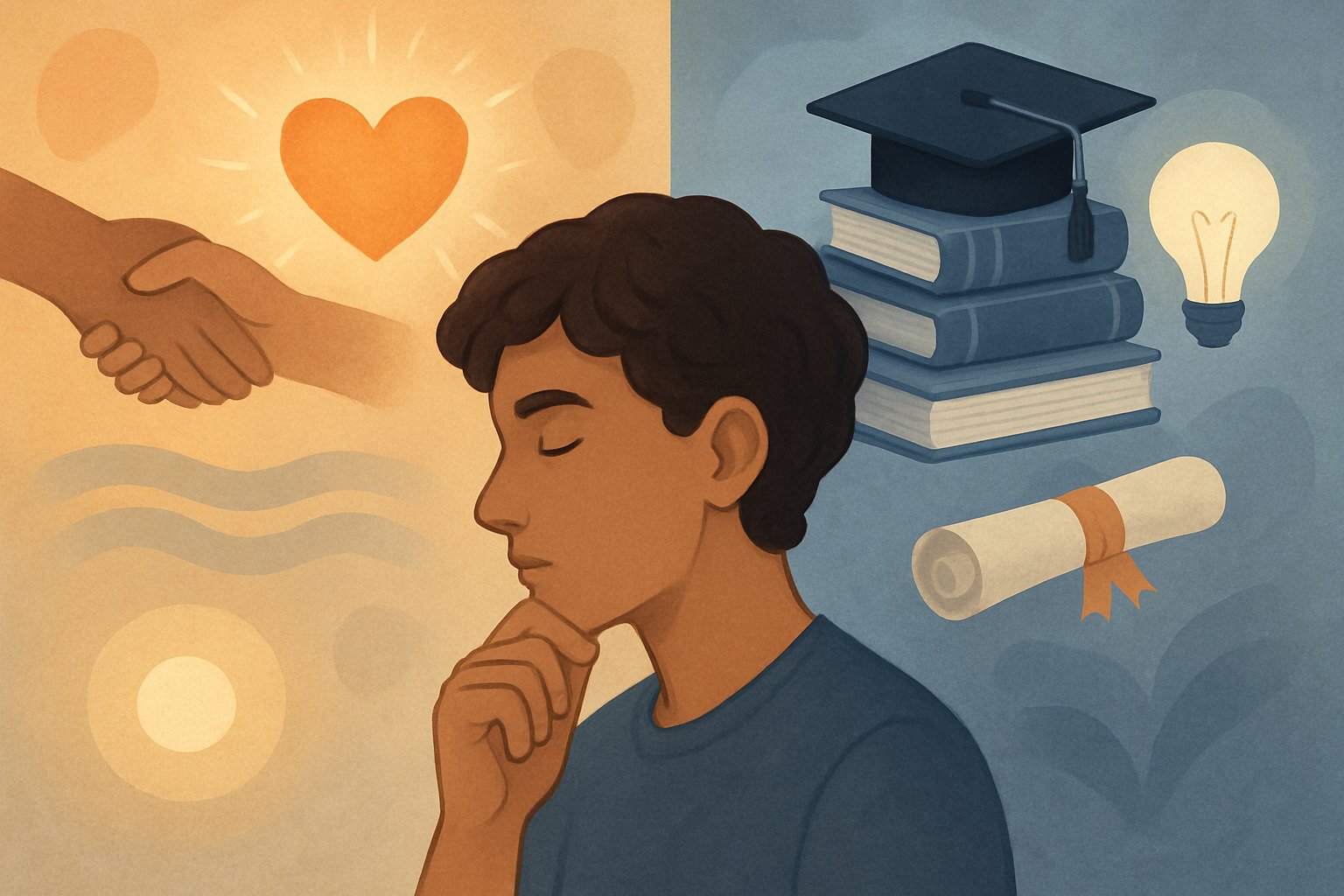 Duygusal zeka ve akademik başarıyı simgeleyen, bir yanda kalp ve empati işaretleri, diğer yanda kitaplar ve mezuniyet sembolleri olan bir genç kişinin resmi.