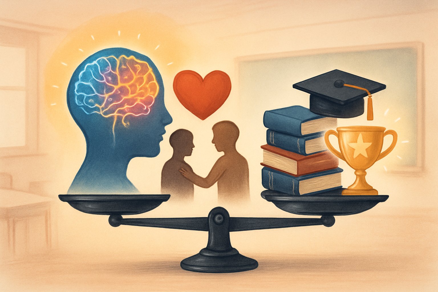 Duygusal zekâ ve akademik başarıyı simgeleyen dengede terazi, bir tarafta beyin ve kalp sembolleri, diğer tarafta kitaplar ve mezuniyet kepi.