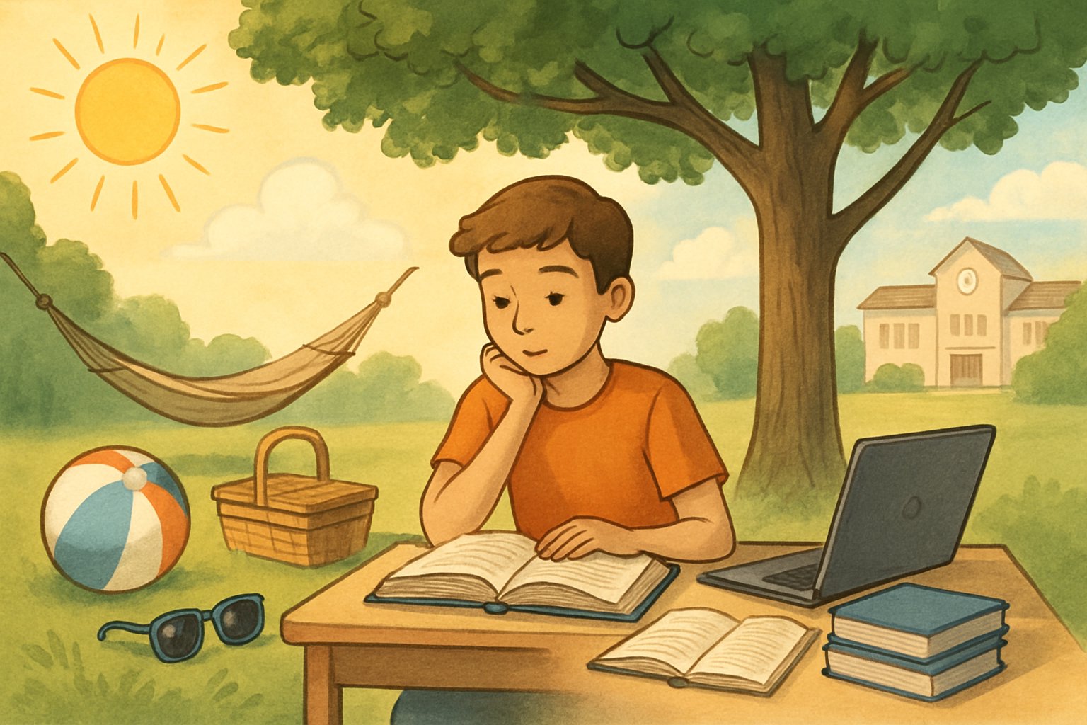 Ağaç altında dışarıda oturan genç bir öğrenci, bir yanda yaz tatili simgeleri diğer yanda eğitim materyalleriyle yaz tatili ve eğitimi dengeliyor.