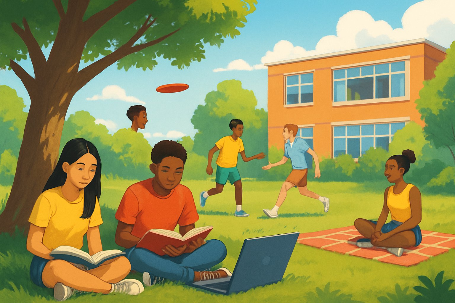 Yazın açık havada hem ders çalışan hem de dinlenen öğrencilerin olduğu bir sahne.