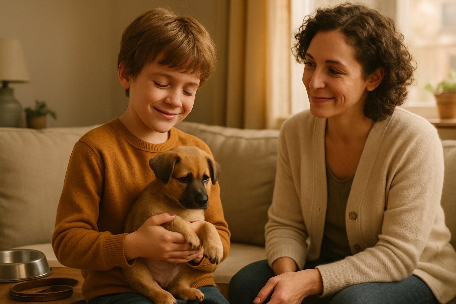 Bir çocuk, küçük bir köpeği nazikçe tutuyor ve yanında sorumlu bir yetişkin var.