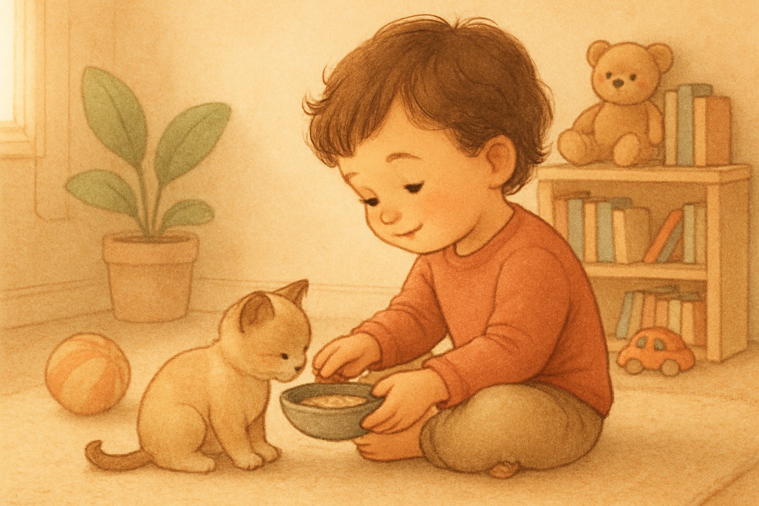 Bir çocuk evcil hayvanına sevgiyle bakıyor ve ona bakıyor, ev ortamında sorumluluk ve empati gösteriyor.