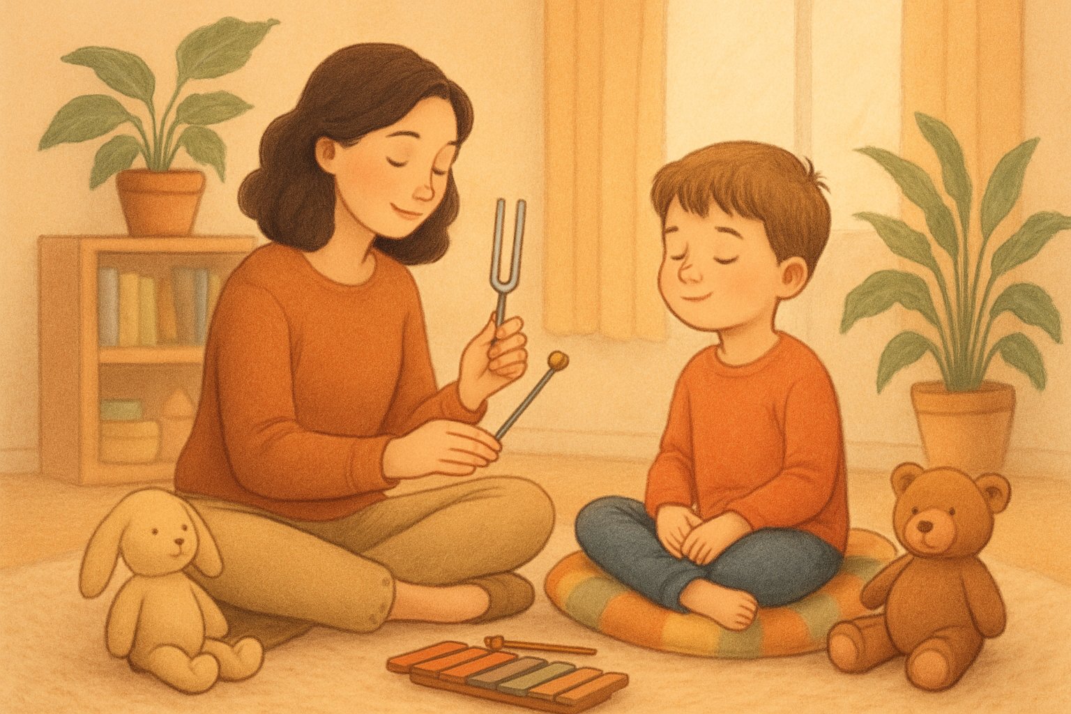 Bir terapist ve çocuk, rahat bir odada ses terapisi sırasında birlikte oturuyor.