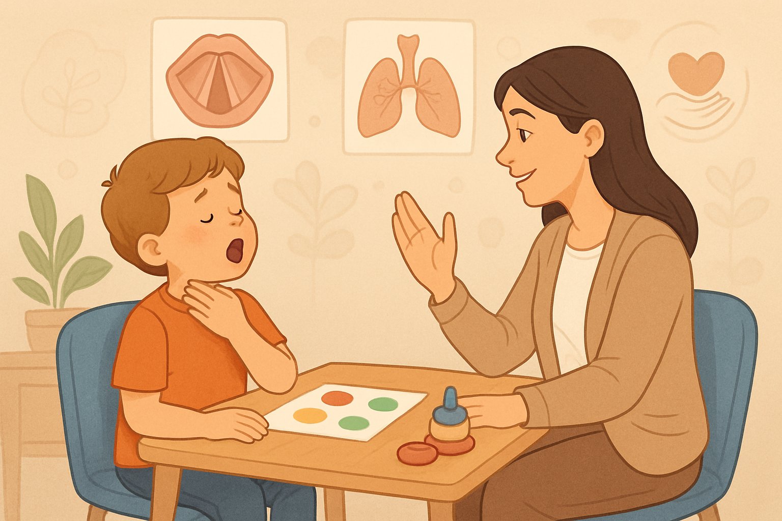 Bir çocuk ses terapisi alırken, terapist ile birlikte rahatlatıcı bir ortamda konuşma egzersizleri yapıyor.