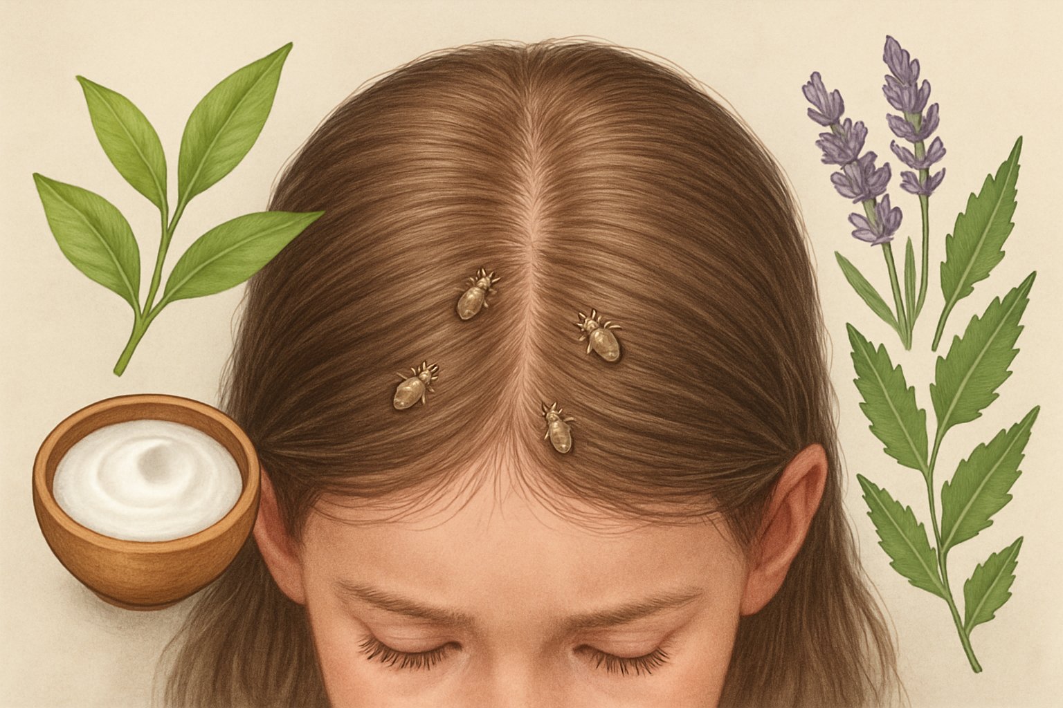 Çocuğun saçında bit problemi ve çevresinde doğal çözümler olarak bitkiler ve yağlar gösteriliyor.