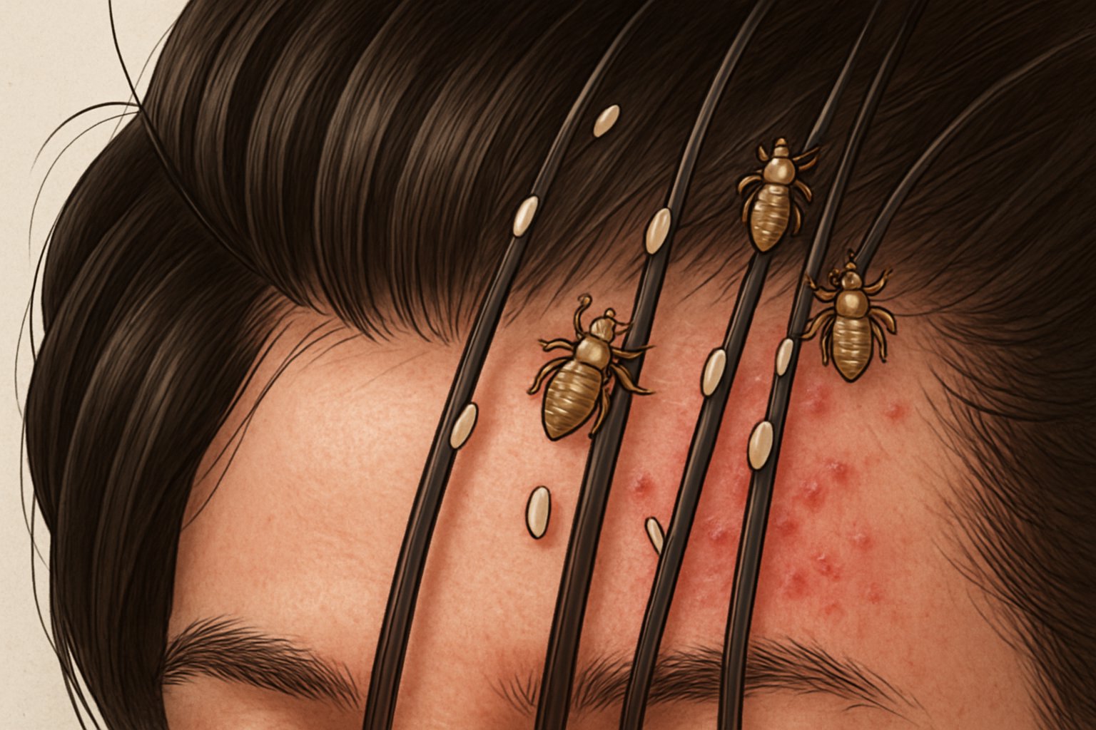 Saç derisinde bit ve yumurtalarının bulunduğu, saç telleri arasında kızarıklık ve kaşıntı belirtilerini gösteren yakın çekim saç derisi görüntüsü.