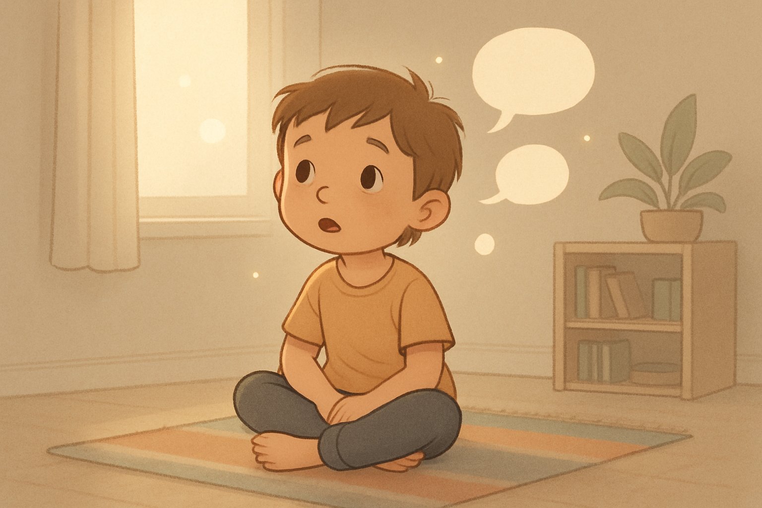 Bir çocuk, rahat bir odada kendi kendine konuşurken oturuyor, çevresinde düşünce baloncukları ve sakin bir ortam var.