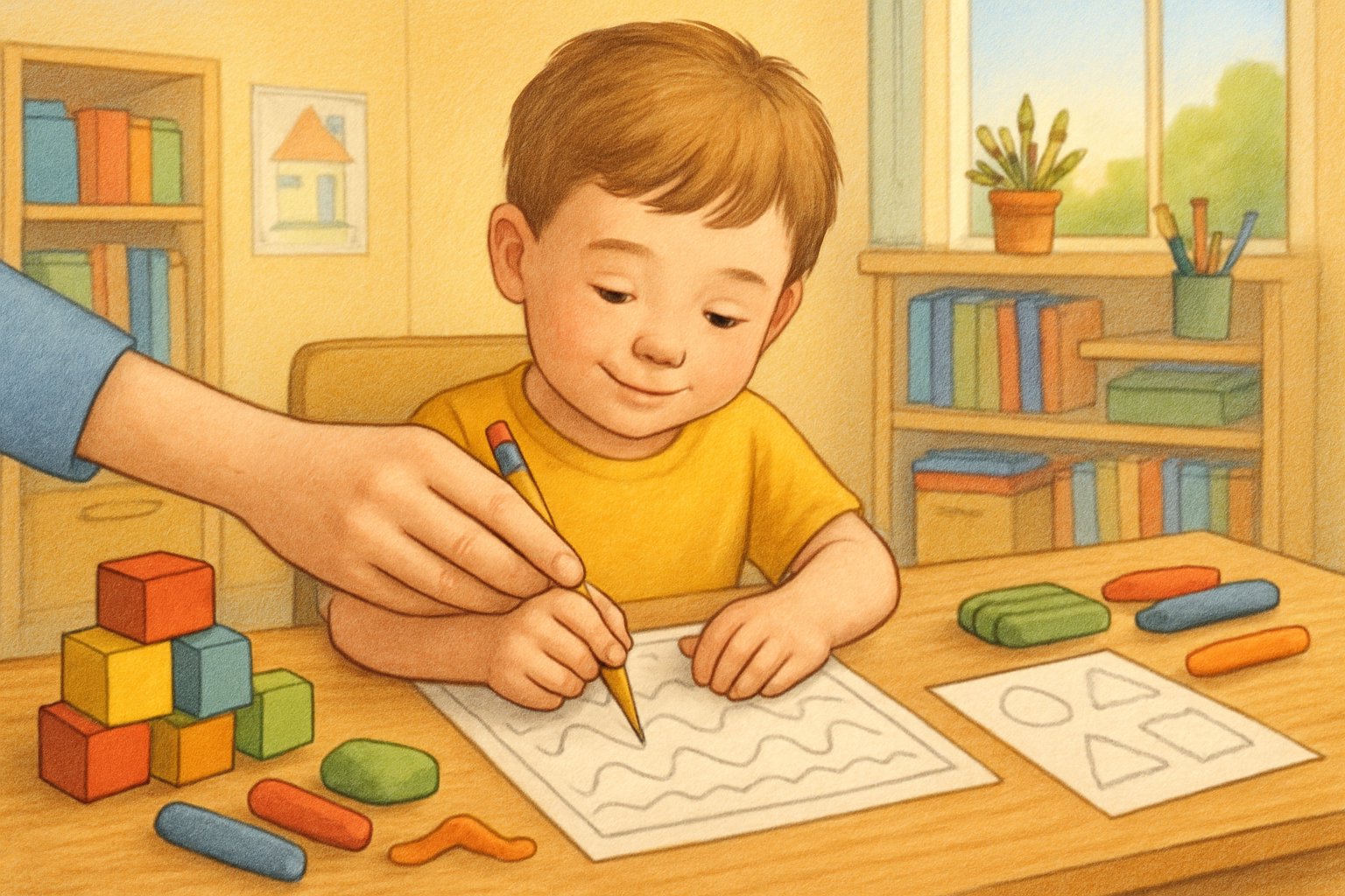 Bir çocuk, kalem tutma becerisini geliştirmek için bir yetişkinin yardımıyla kalem tutma egzersizi yapıyor.