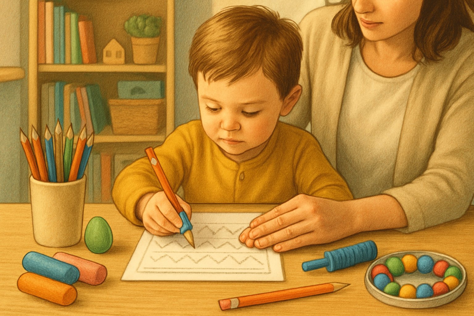 Bir çocuk, yetişkinin yardımıyla kalem tutma becerisi üzerinde çalışıyor, masada renkli kalemler ve egzersiz malzemeleri var.