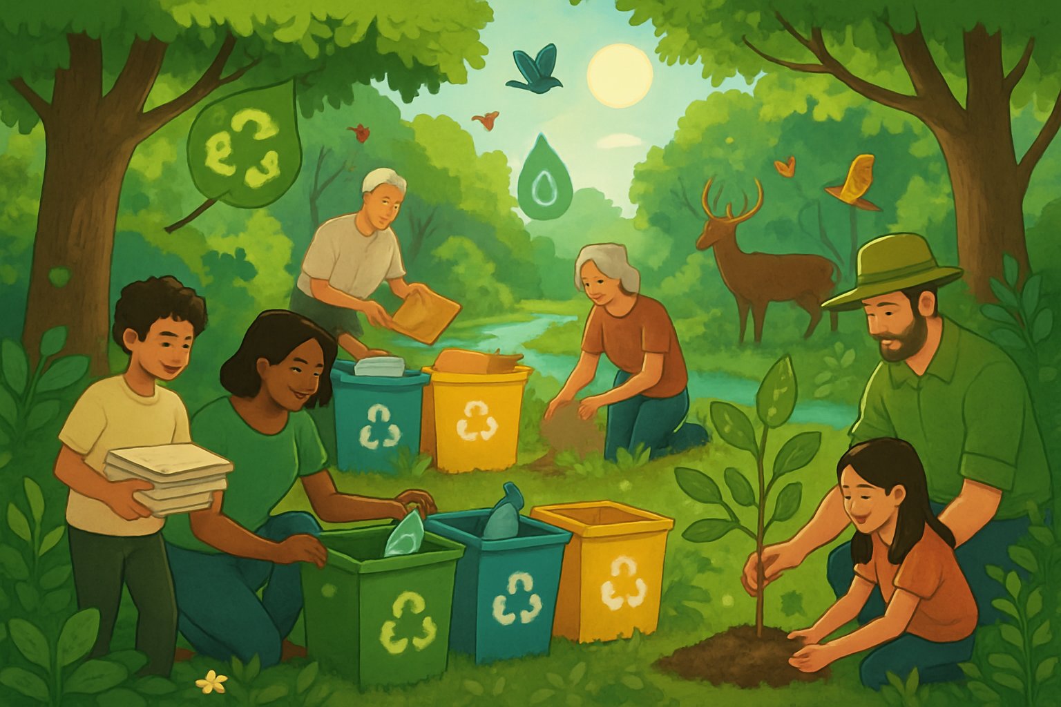 İnsanlar yeşil bir ormanda geri dönüşüm yapıyor, ağaç dikiyor ve doğa ile uyum içinde çalışıyor.