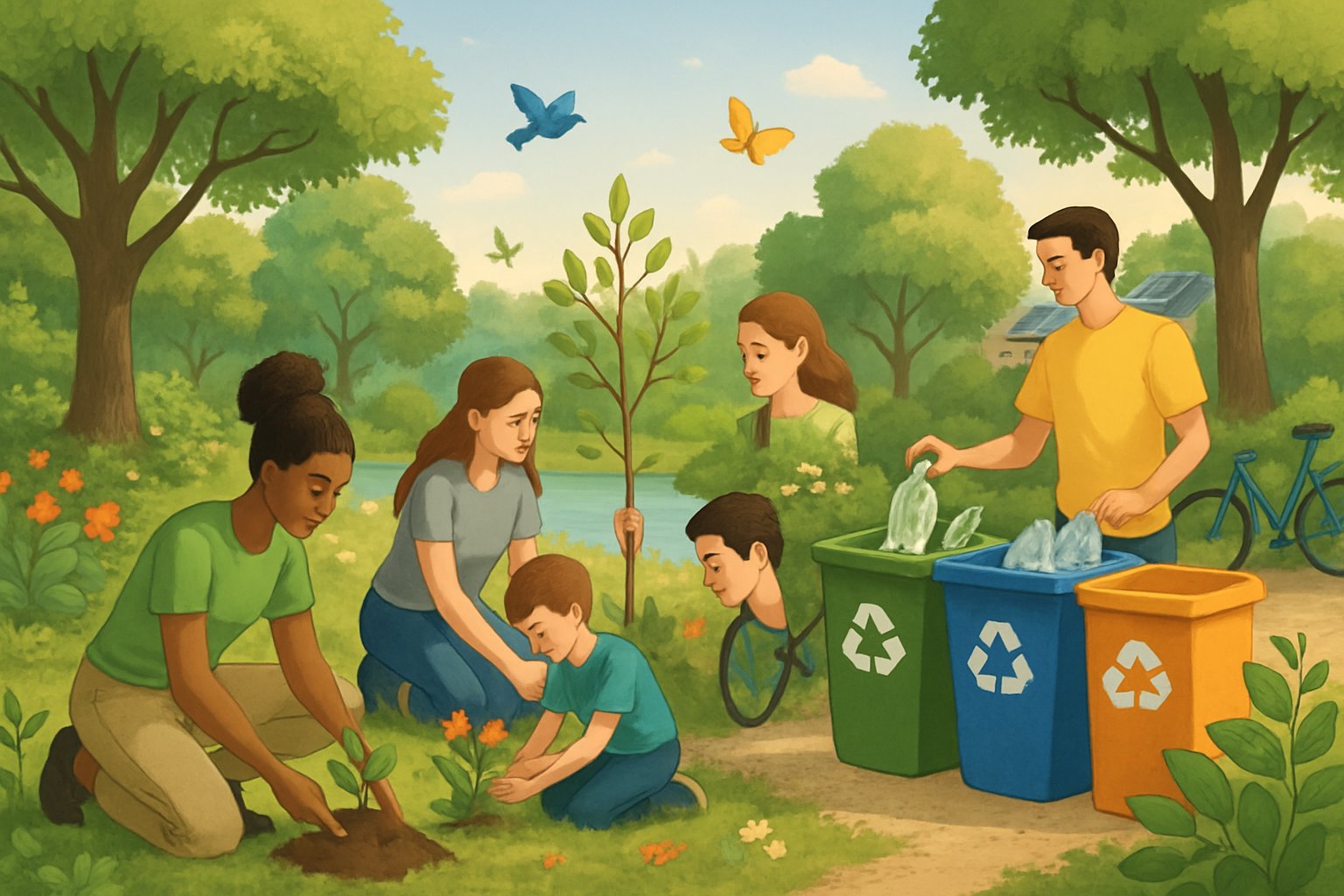 İnsanların ağaç diktiği, geri dönüşüm yaptığı ve doğayla uyum içinde olduğu yeşil bir park sahnesi.