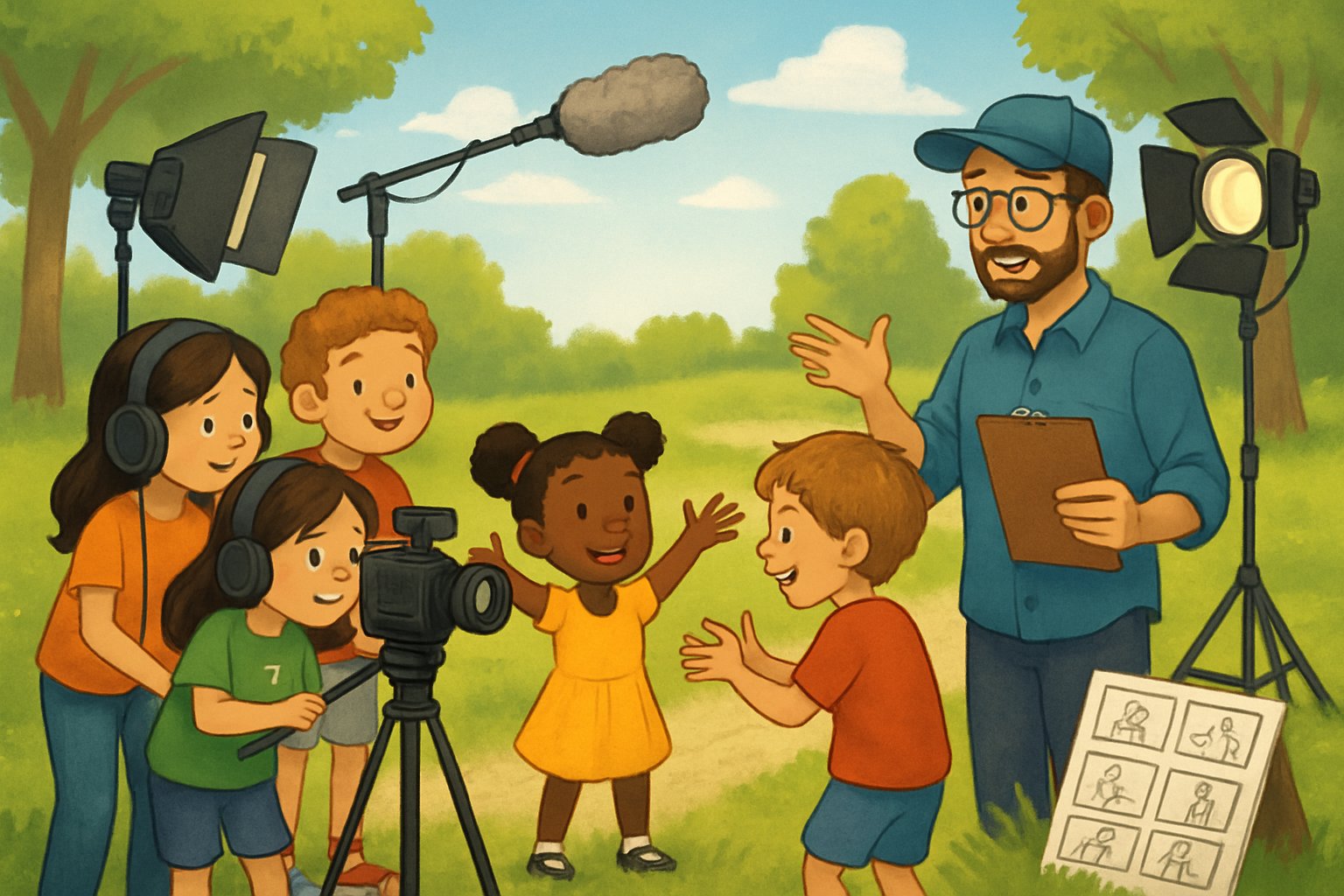 Çocukların dışarıda kısa film çektiği, kamera ve ekipmanların kullanıldığı, yetişkin bir yönetmenin çocuklara rehberlik ettiği bir sahne.