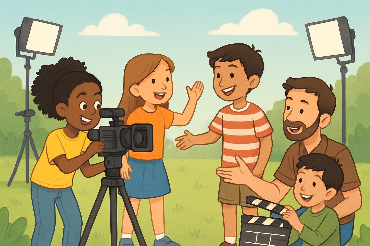 Çocuklar ve bir yetişkin açık havada kısa film çekimi yapıyor, çocuklar kamera tutuyor, oyunculuk yapıyor ve birlikte çalışıyor.