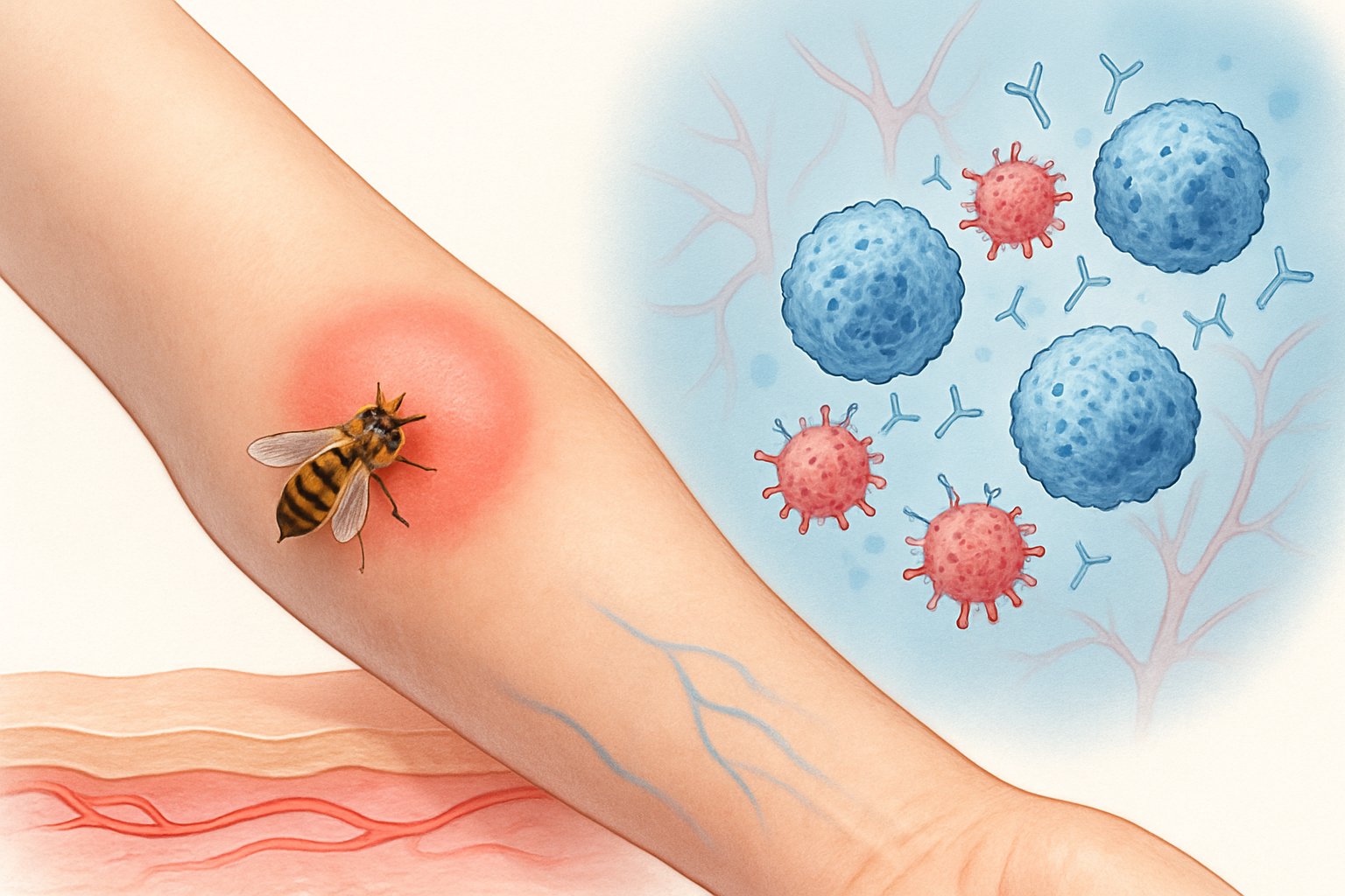 Bir insan kolunda arı sokması nedeniyle kızarıklık ve şişlik, yanında bağışıklık sisteminin alerjik reaksiyona verdiği tepki gösteriliyor.