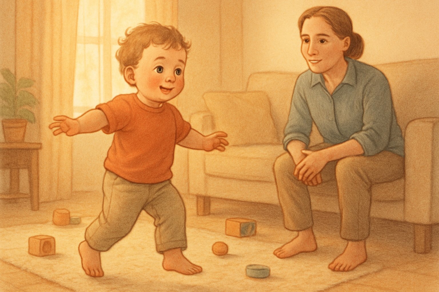 Bir çocuk evde parmak ucunda yürürken yanında bir yetişkin onu dikkatle izliyor.