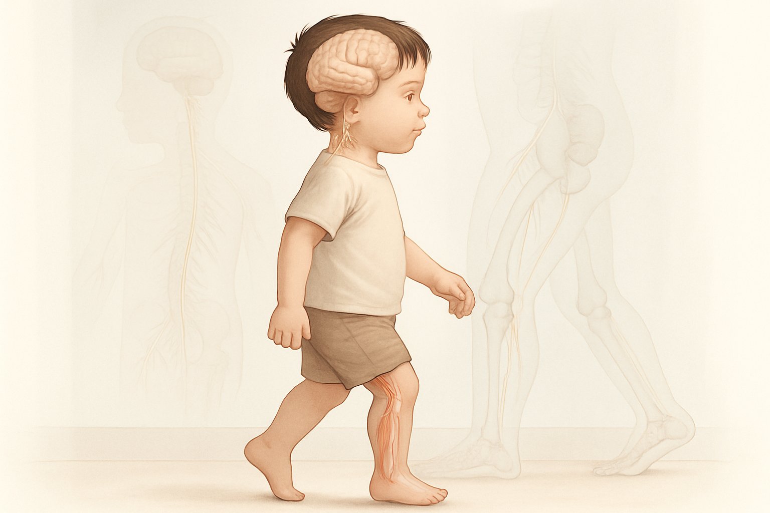 Bir çocuk parmak ucunda yürürken yan profilden görünmekte, çevresinde sinir ve kas sistemlerini gösteren şeffaf anatomik çizimler bulunmaktadır.