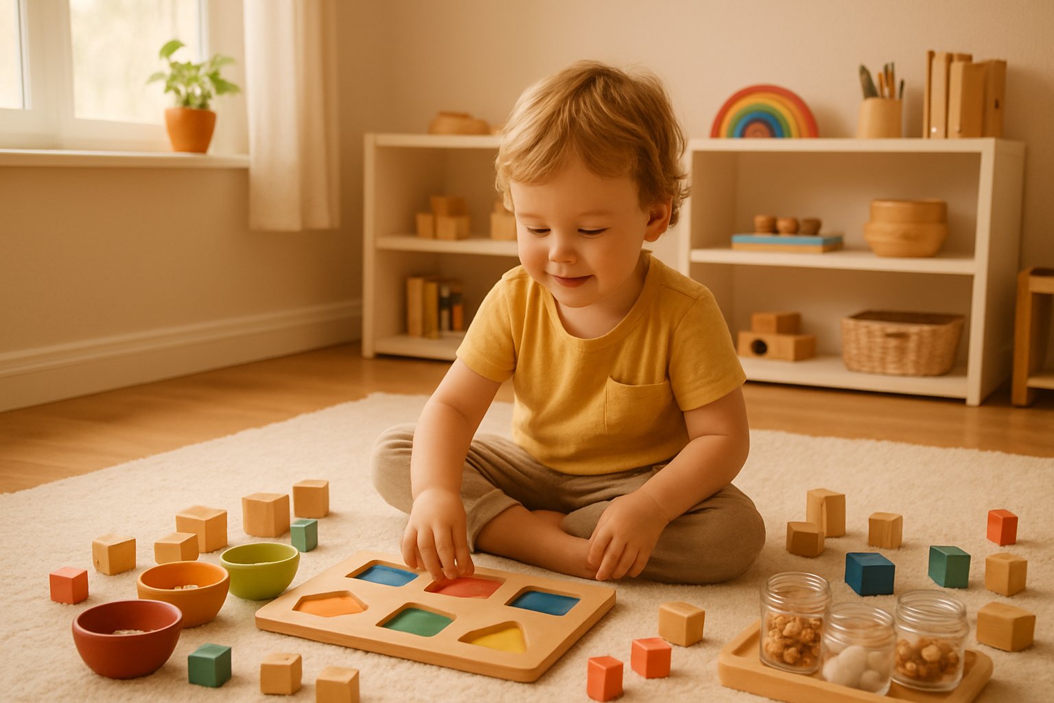 3 yaşında bir çocuk evde Montessori aktiviteleri yaparken, etrafında ahşap oyuncaklar ve renkli materyaller bulunan aydınlık bir odada oturuyor.