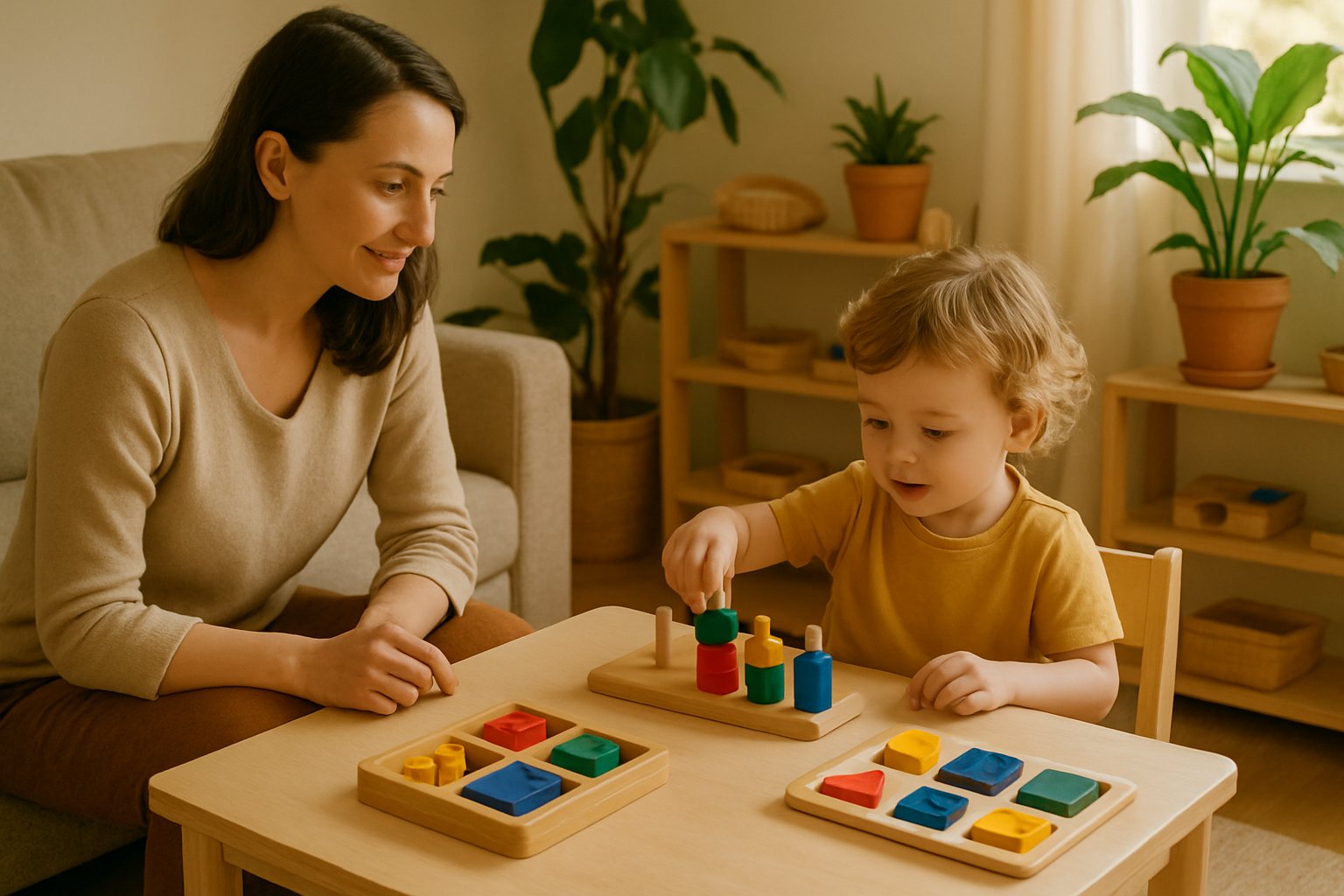 Evde Montessori aktiviteleriyle meşgul olan 3 yaşında bir çocuk ve onu nazikçe izleyen bir yetişkin.
