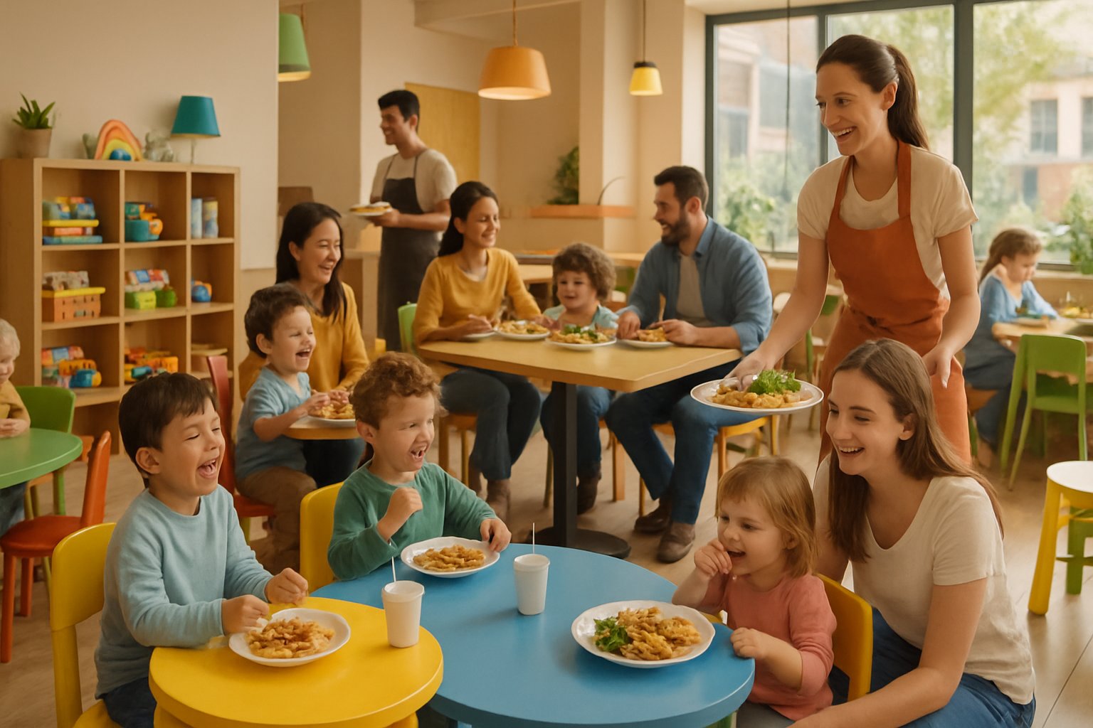 Çocuklar ve ailelerin birlikte yemek yediği, oyuncak köşesi ve renkli mobilyaların bulunduğu samimi bir restoran iç mekanı.