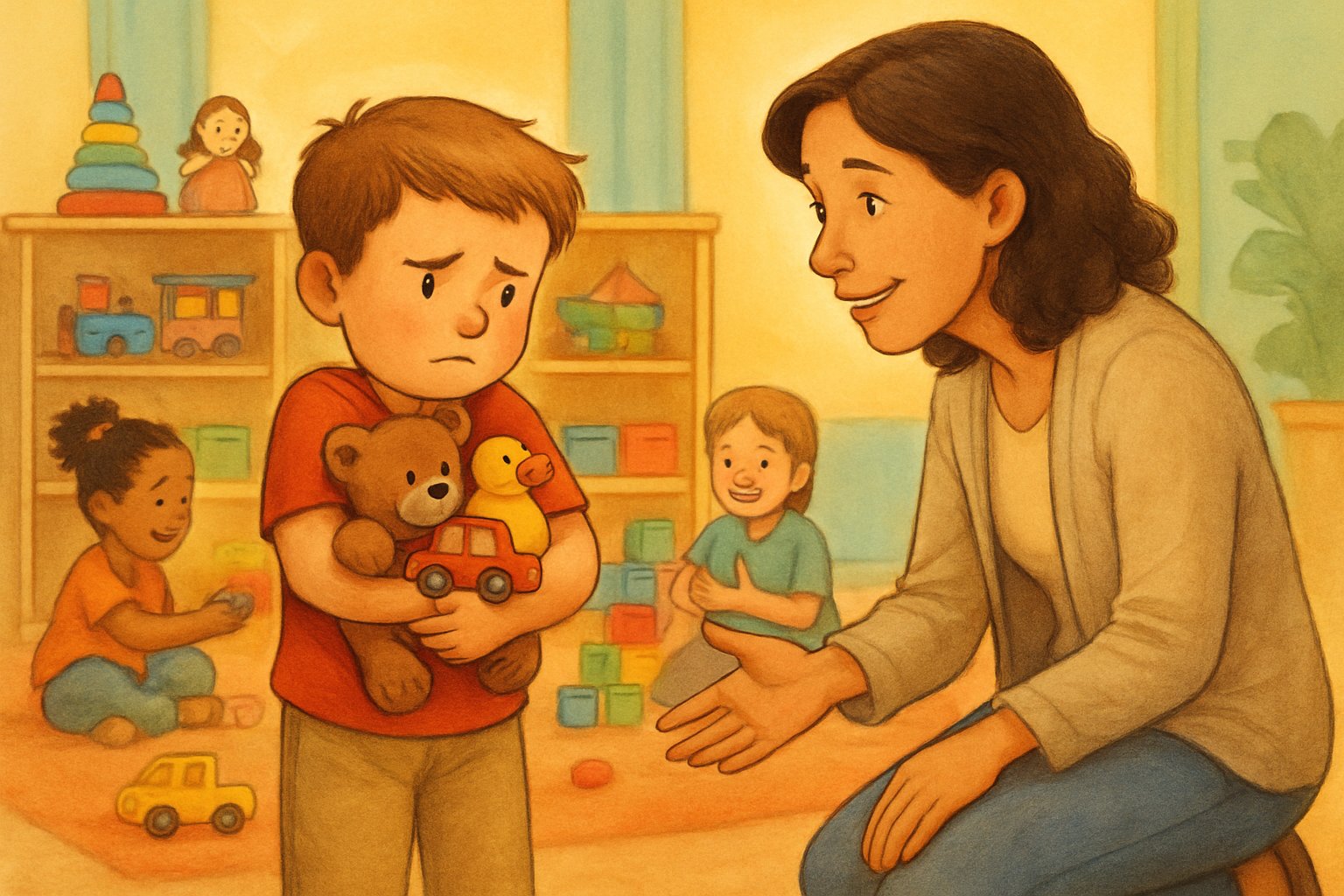 Oyuncaklarını sıkıca tutan bir çocuk ve ona anlayışla yaklaşan bir yetişkin, çevrede diğer çocuklar oyuncaklarla birlikte oynuyor.