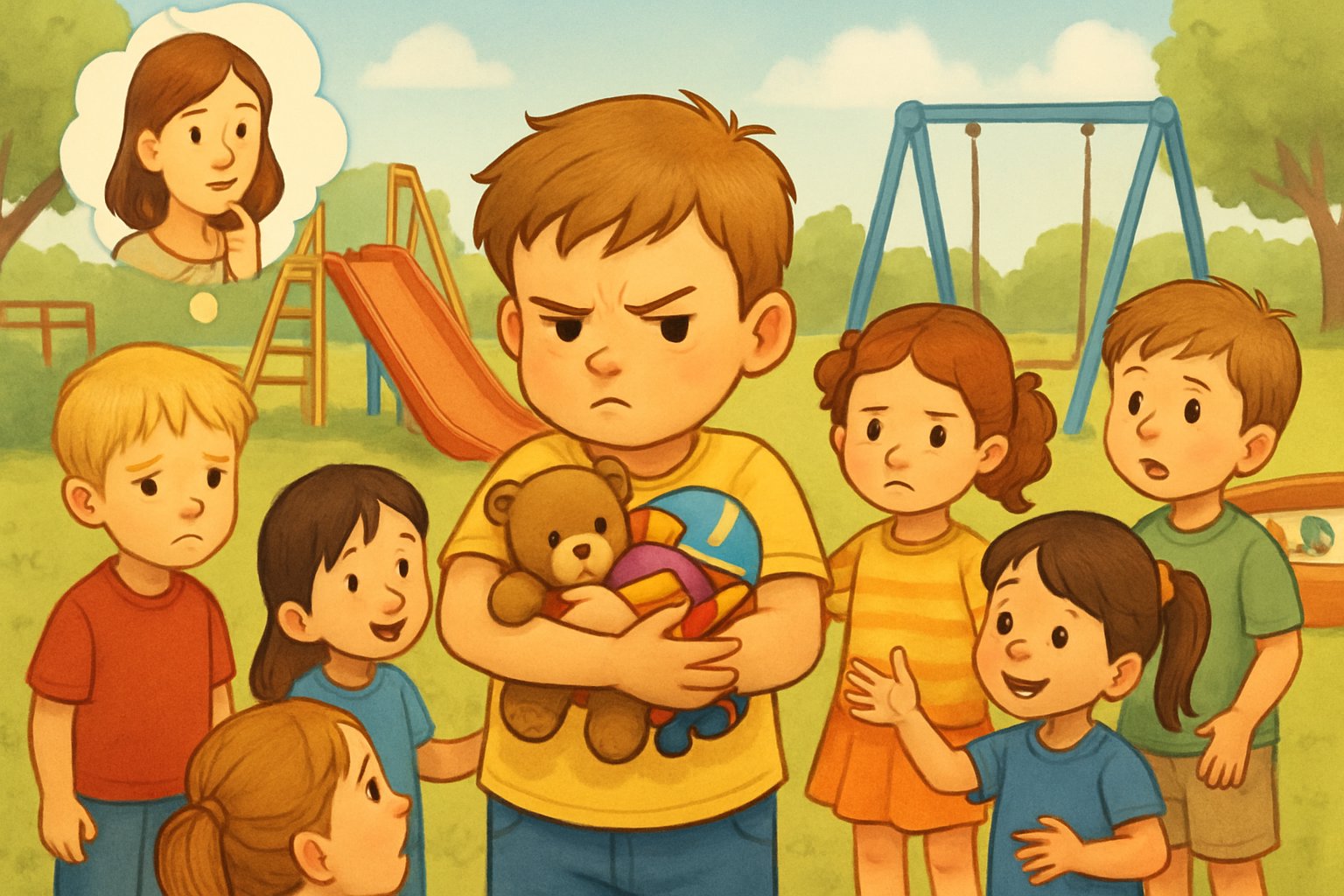 Bir grup çocuk oyun alanında, bir çocuk oyuncaklarını sıkıca tutuyor ve paylaşmak istemiyor, diğer çocuklar ise paylaşmaları için onu teşvik ediyor.