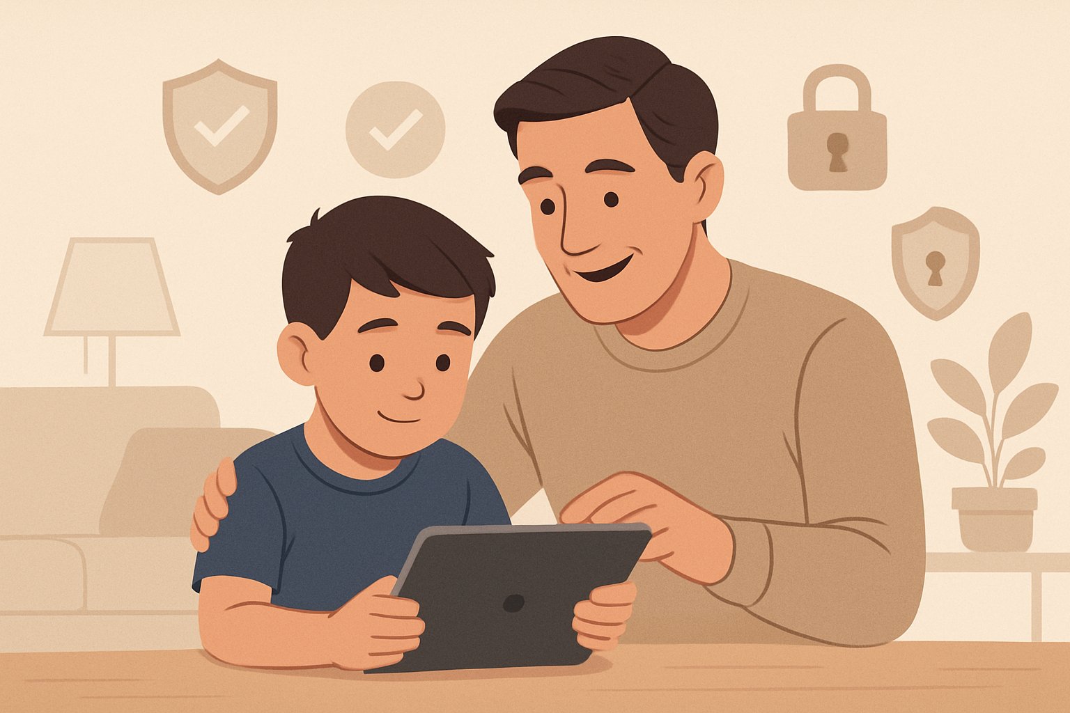 Bir ebeveyn ve çocuk birlikte bir tablet kullanırken, ebeveyn çocuğa rehberlik ediyor, arka planda dijital güvenlik simgeleri yer alıyor.