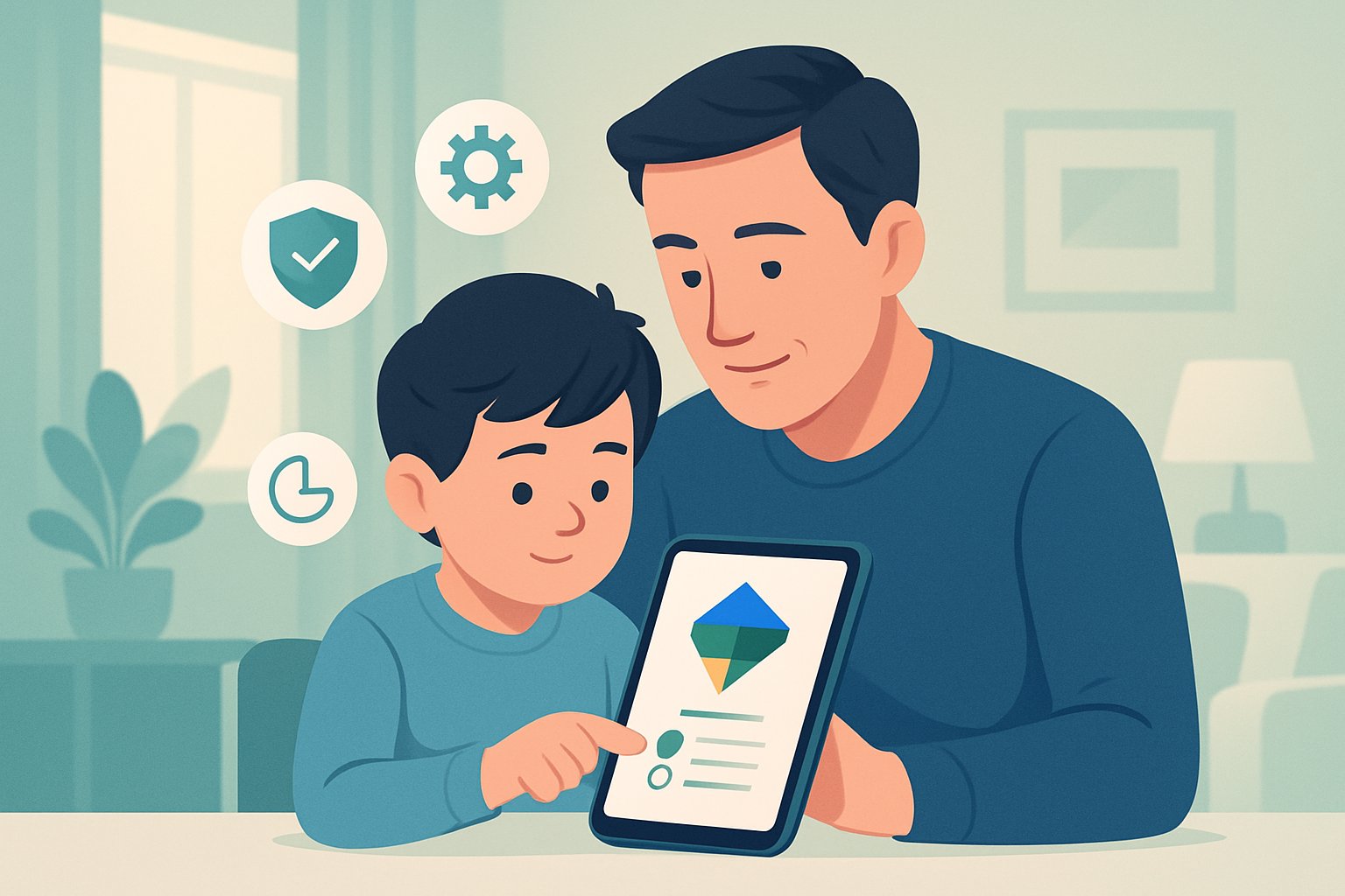 Bir ebeveyn ve çocuk, dijital bir cihazda aile güvenliği uygulamasını kullanırken ev ortamında birlikte oturuyor.