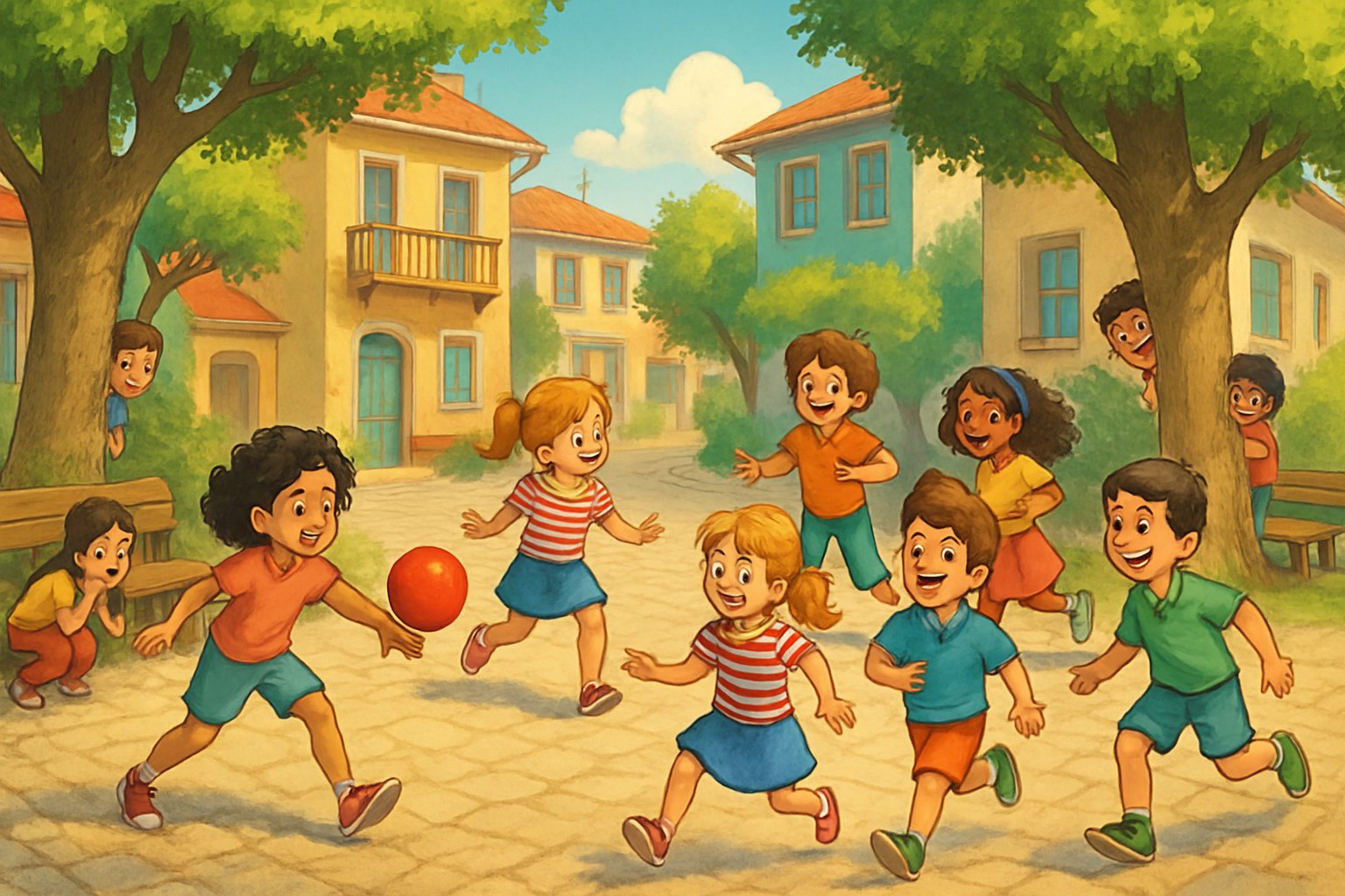 Bir mahallede çocuklar yakan top, istop ve saklambaç oynuyor.