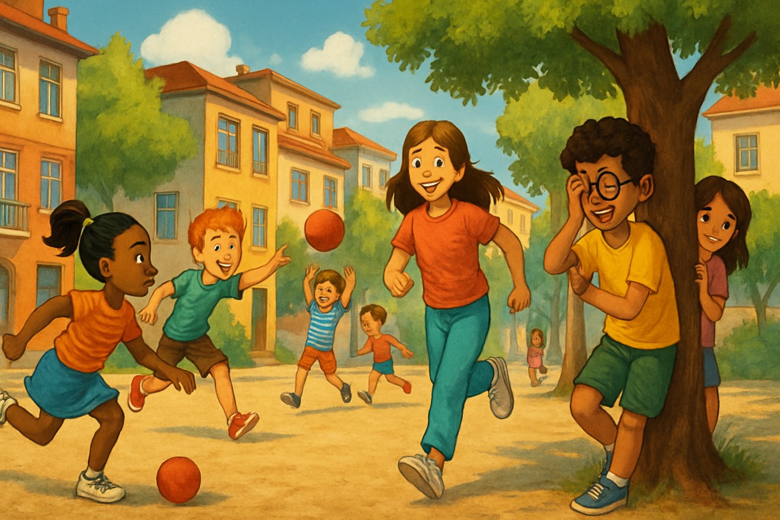 Çocuklar sokakta Yakan Top, İstop ve Saklambaç oyunları oynuyor.