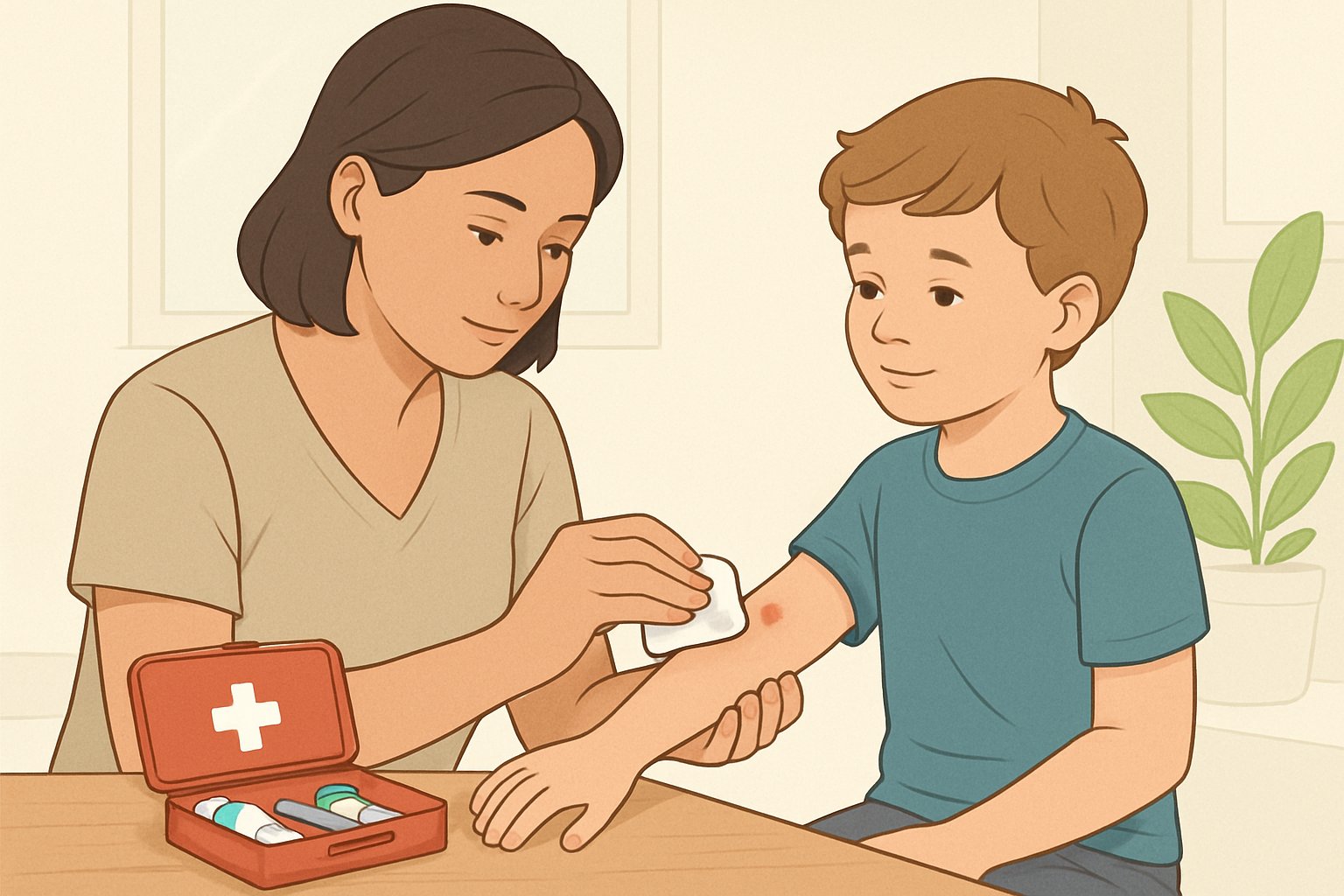 Bir yetişkin, çocukta böcek ısırığına ilk müdahaleyi yapıyor, temiz bir bezle ısırık bölgesini siliyor, yanında ilk yardım malzemeleri var.