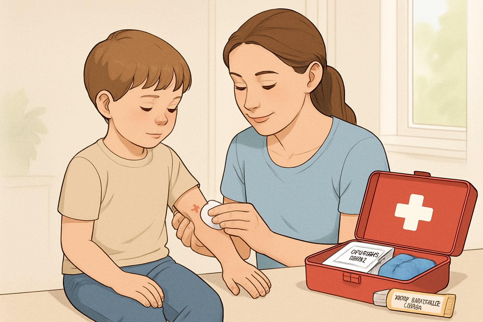 Bir çocuğun kolundaki böcek ısırığına nazikçe müdahale eden bir yetişkin, yanında açık bir ilk yardım çantası bulunuyor.