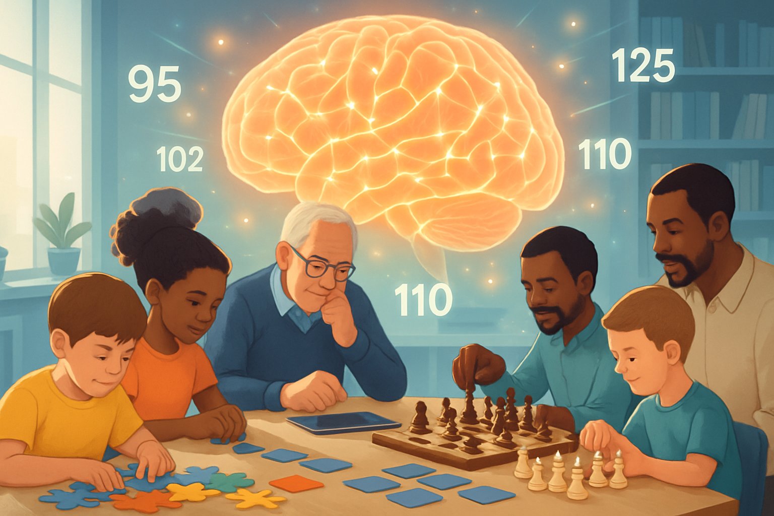 Farklı yaşlardan insanların zeka oyunları oynadığı ve arka planda gelişen beyin aktivitelerinin gösterildiği bir sahne.