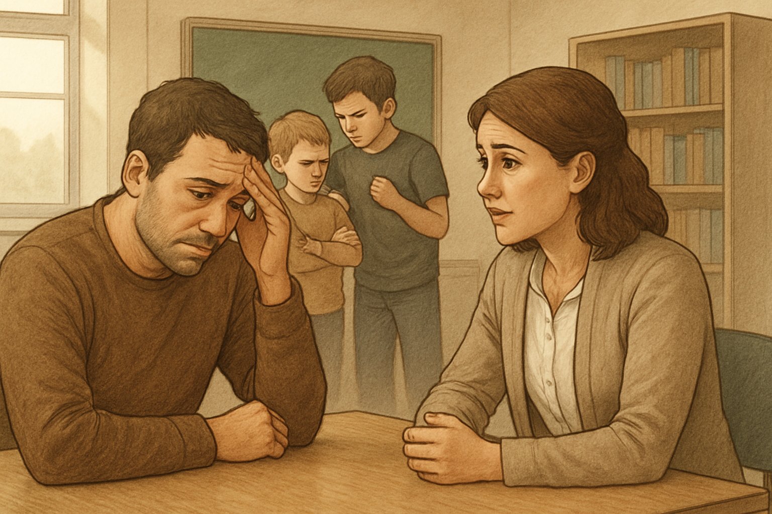 Bir okul ortamında endişeli bir veli ve öğretmen ciddi bir konuyu tartışıyor, arka planda bir çocuk diğerine zorbalık yapıyor.