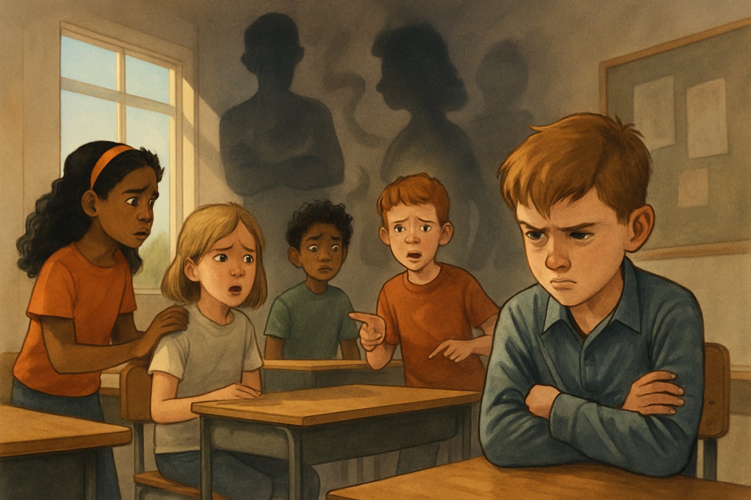 Okulda bir sınıf ortamında, zorba olan bir çocuğun içsel çatışması ve diğer çocukların tepkileri gösteriliyor.