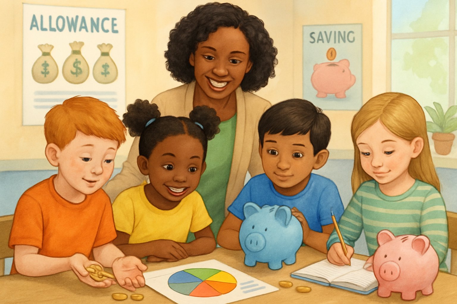 Çocukların harçlık yönetimi hakkında öğrendiği, öğretmen eşliğinde sınıf ortamında bir arada oldukları bir sahne.