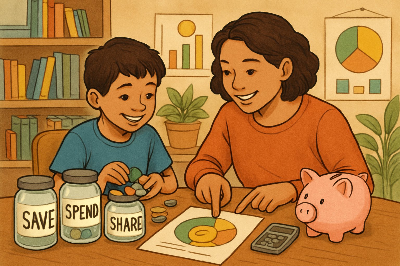 Bir ebeveyn ve çocuk birlikte masada oturuyor, çocuk paralarla oynuyor ve ebeveyn ona para yönetimini öğretiyor.