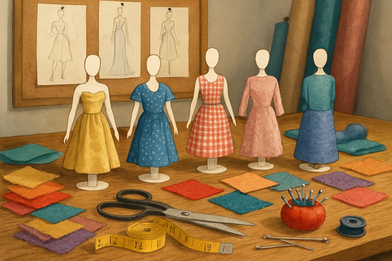 Kağıt bebekler ve kumaşların olduğu bir moda tasarım atölyesi masası.