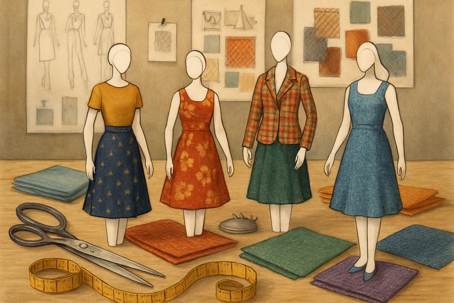 Çeşitli kumaşlarla giydirilmiş kağıt bebeklerin ve moda tasarım araçlarının yer aldığı bir çalışma masası.