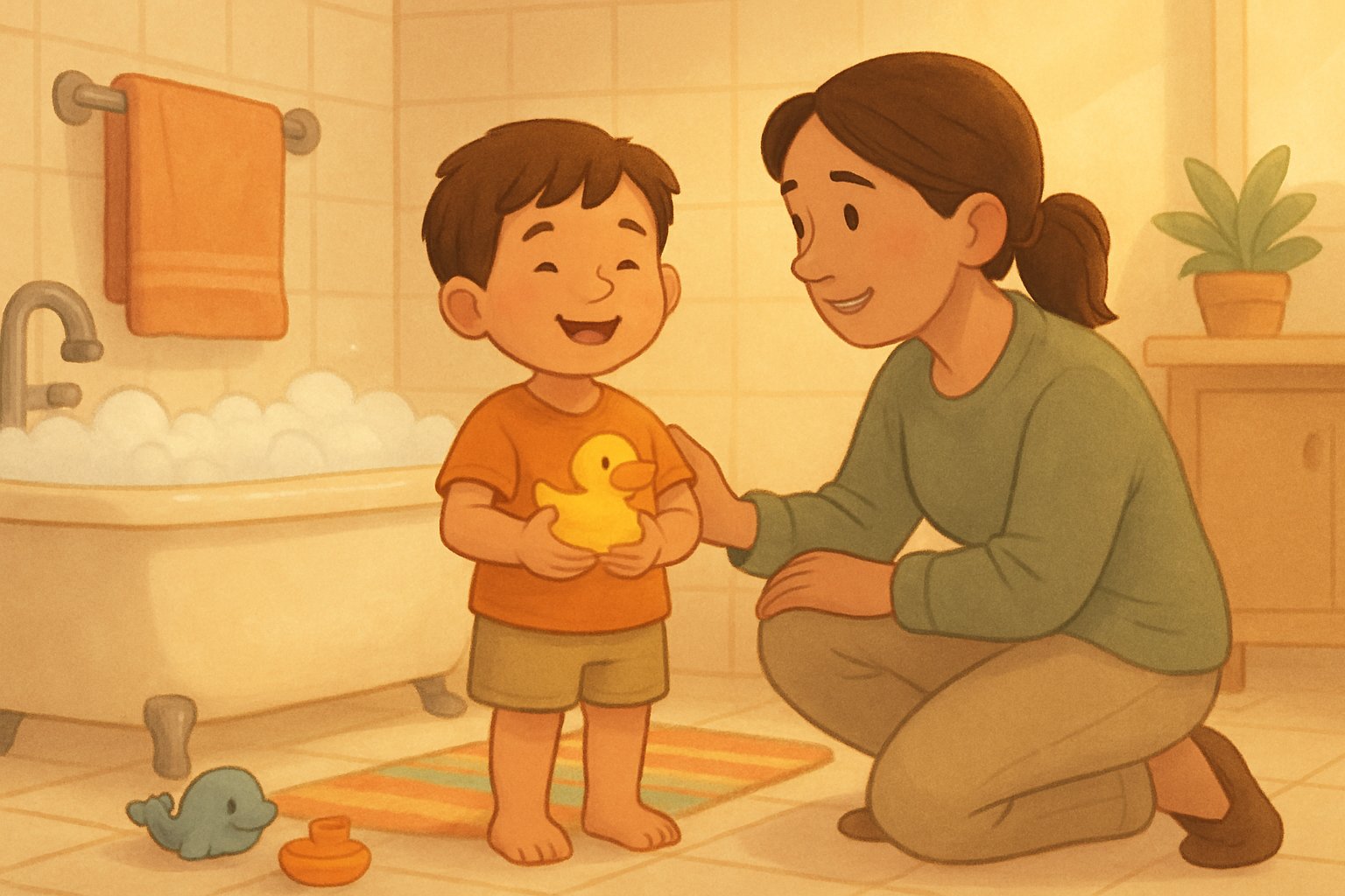 Banyoda oyuncak ördek tutan mutlu bir çocuk ve ona destek veren bir yetişkin.