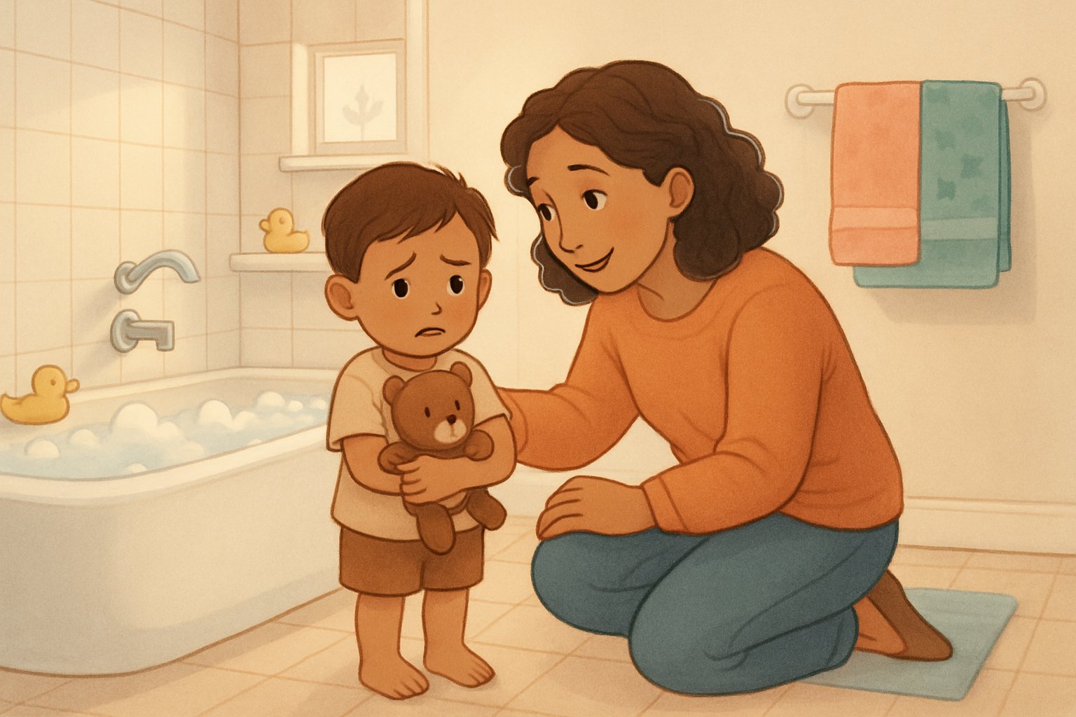 Bir banyoda, oyuncak tutan korkmuş görünen küçük bir çocuk ve onu cesaretlendiren gülümseyen bir yetişkin.