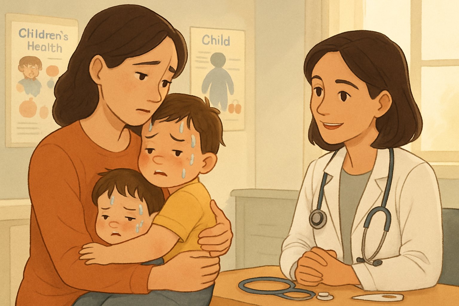 Endişeli bir ebeveyn, terlemiş küçük çocuğunu tutuyor, yanında beyaz önlüklü bir çocuk doktoru var, klinik ortamında.